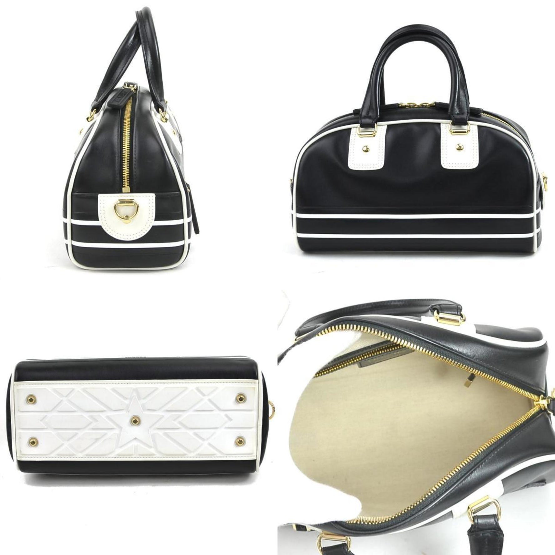 Christian Dior handbag shoulder bag Vibe small bowling leather black white gold ladies