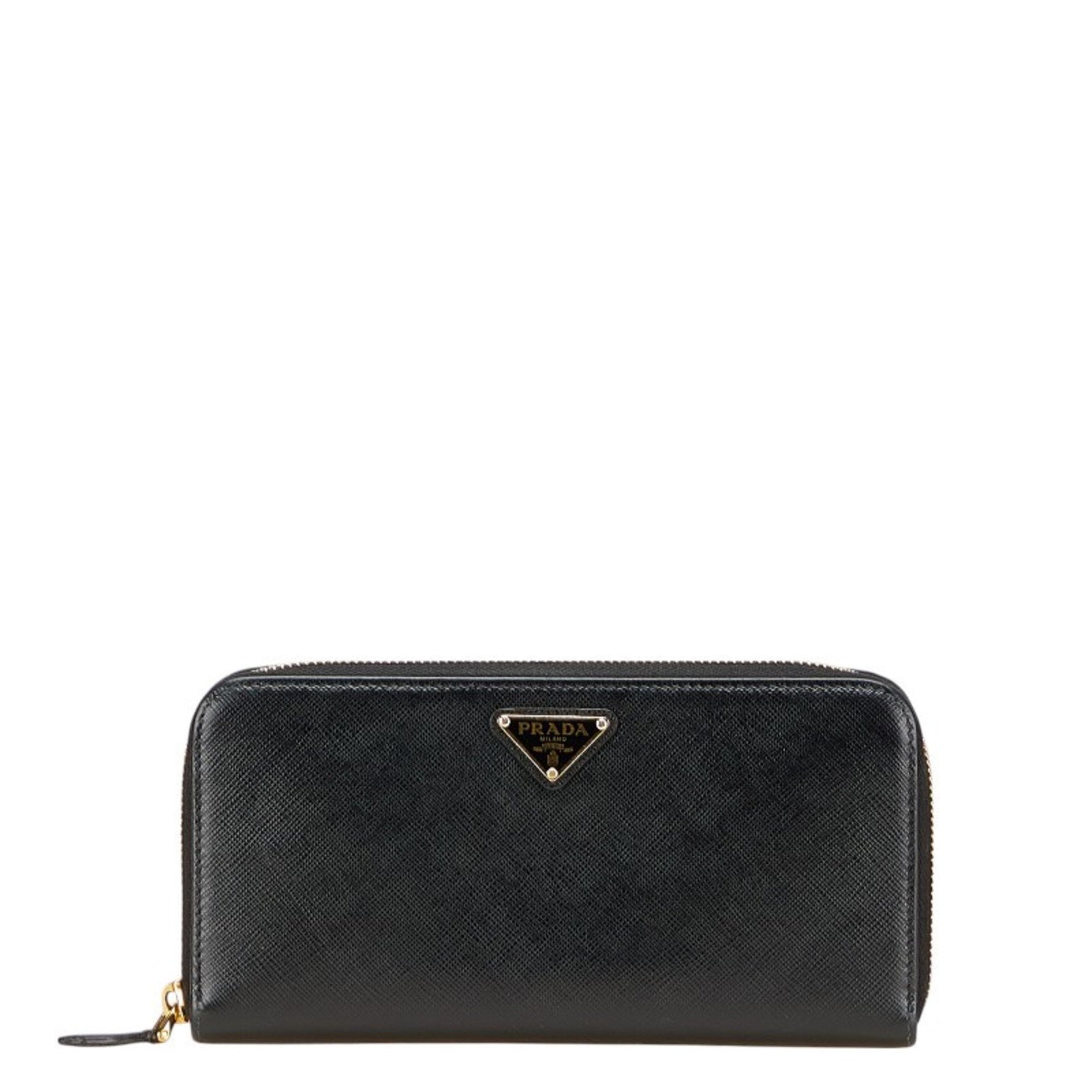 Prada Triangle Logo Plate Round Zip Long Wallet Gold Hardware Saffiano Leather