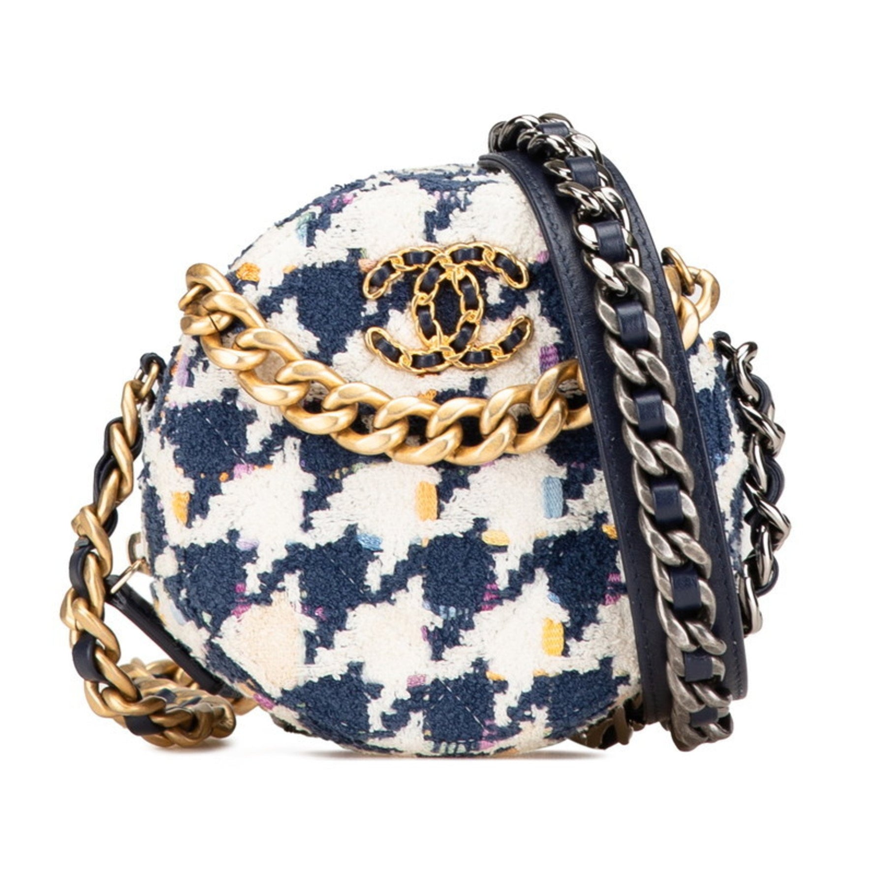 Chanel 19 Coco Mark Chain Shoulder Bag Handbag White Navy Multicolor Tweed Leather