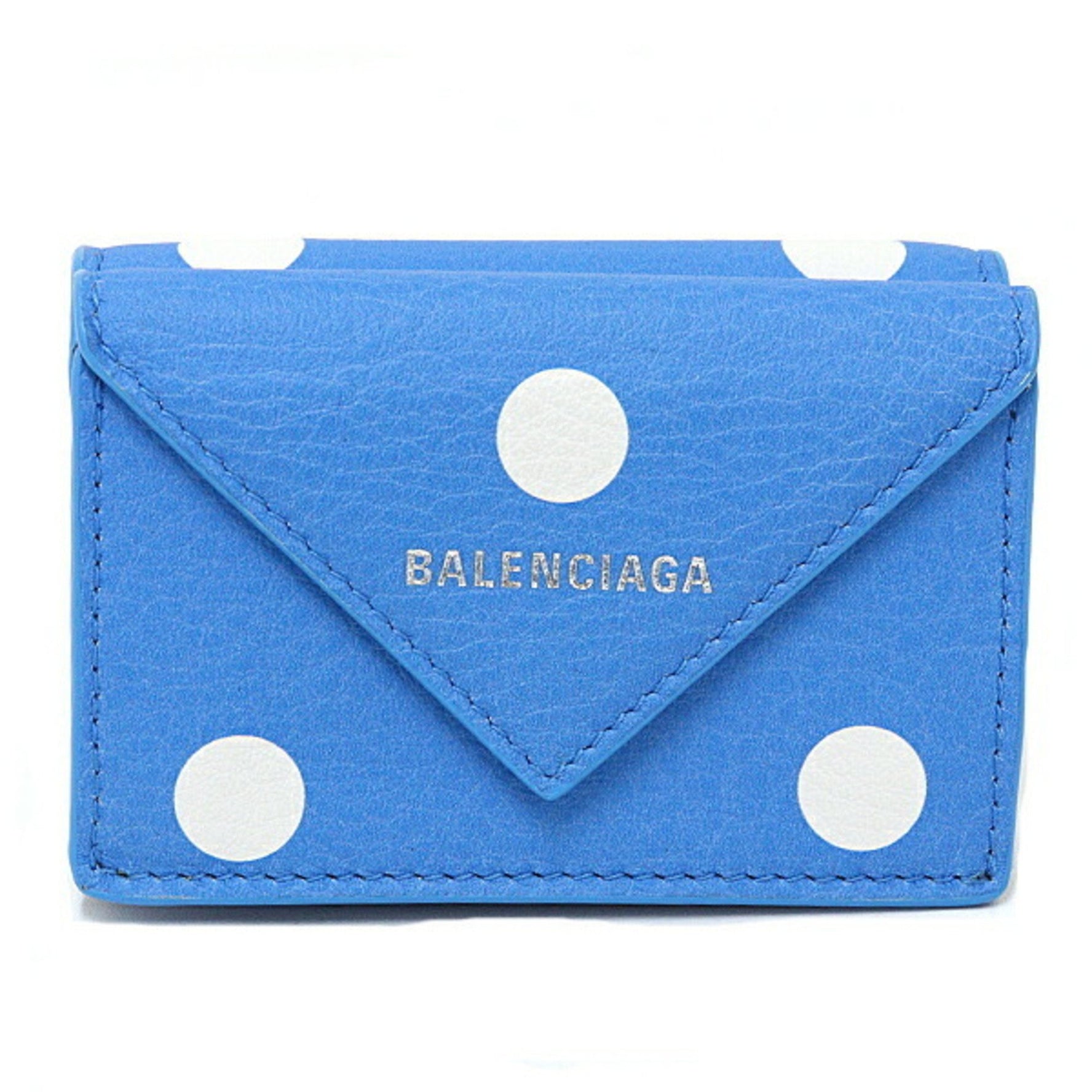 BALENCIAGA Papier Mini Wallet Tri-fold Calfskin Blue White Dots