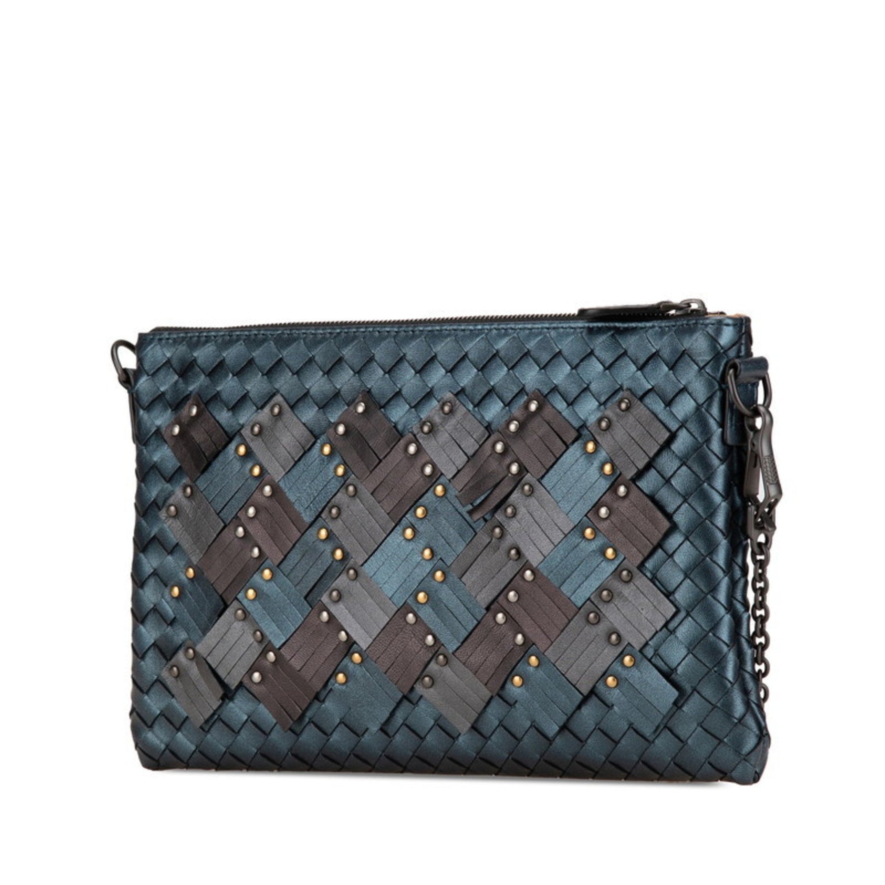 Bottega Veneta Intrecciato Studded Chain Shoulder Bag Navy Brown Leather BOTTEGAVENETA