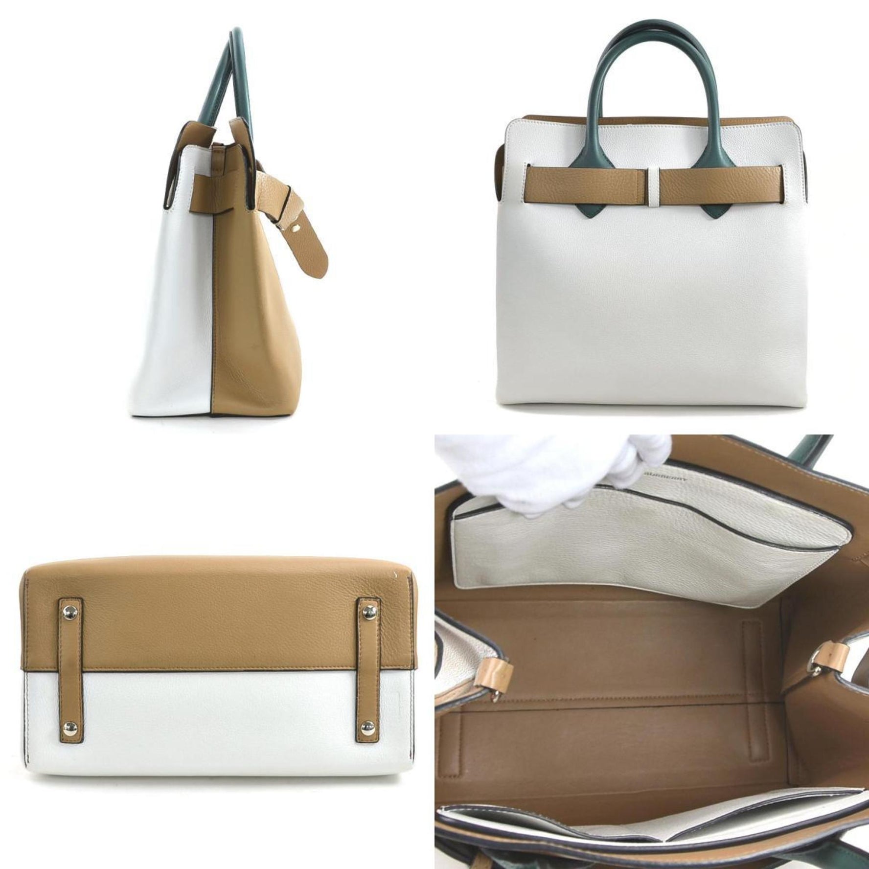 Burberry Handbag Shoulder Bag Leather White x Beige Green Men's Women's h31239a