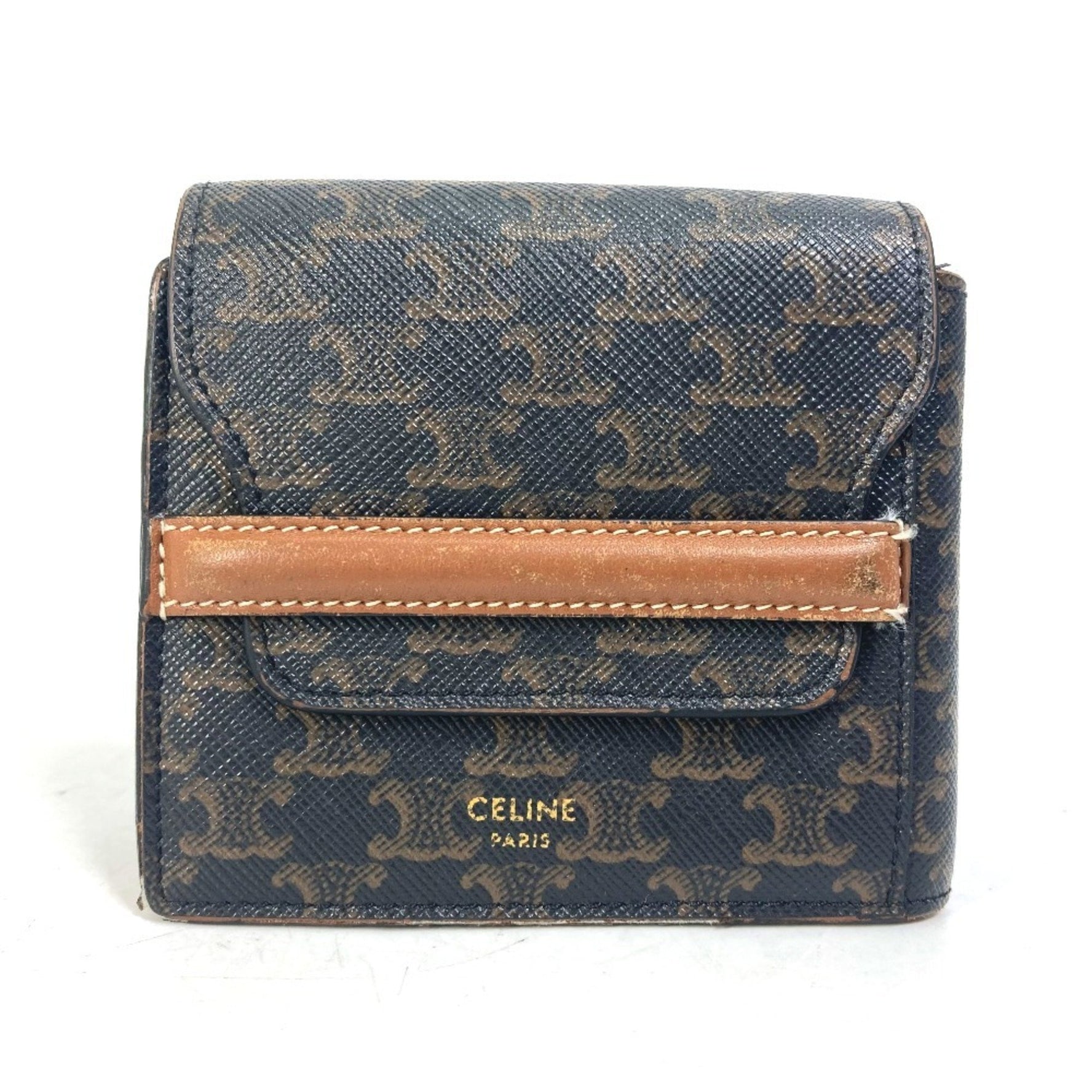CELINE Triomphe Card Case with Billfold and Flap, Men's Brown Leather Bi-fold Wallet