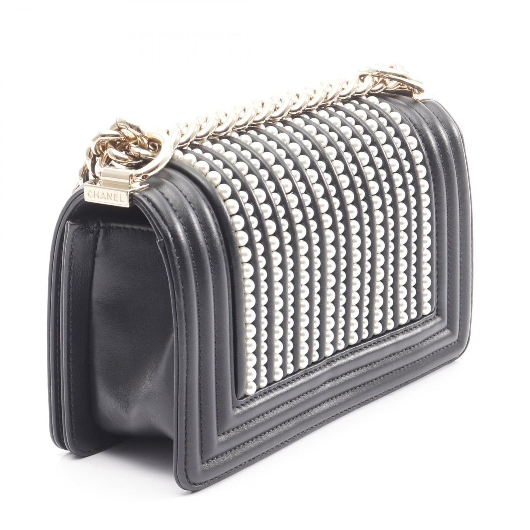 CHANEL Boy Small Shoulder Bag in Lambskin with Faux Pearls, and Ivory