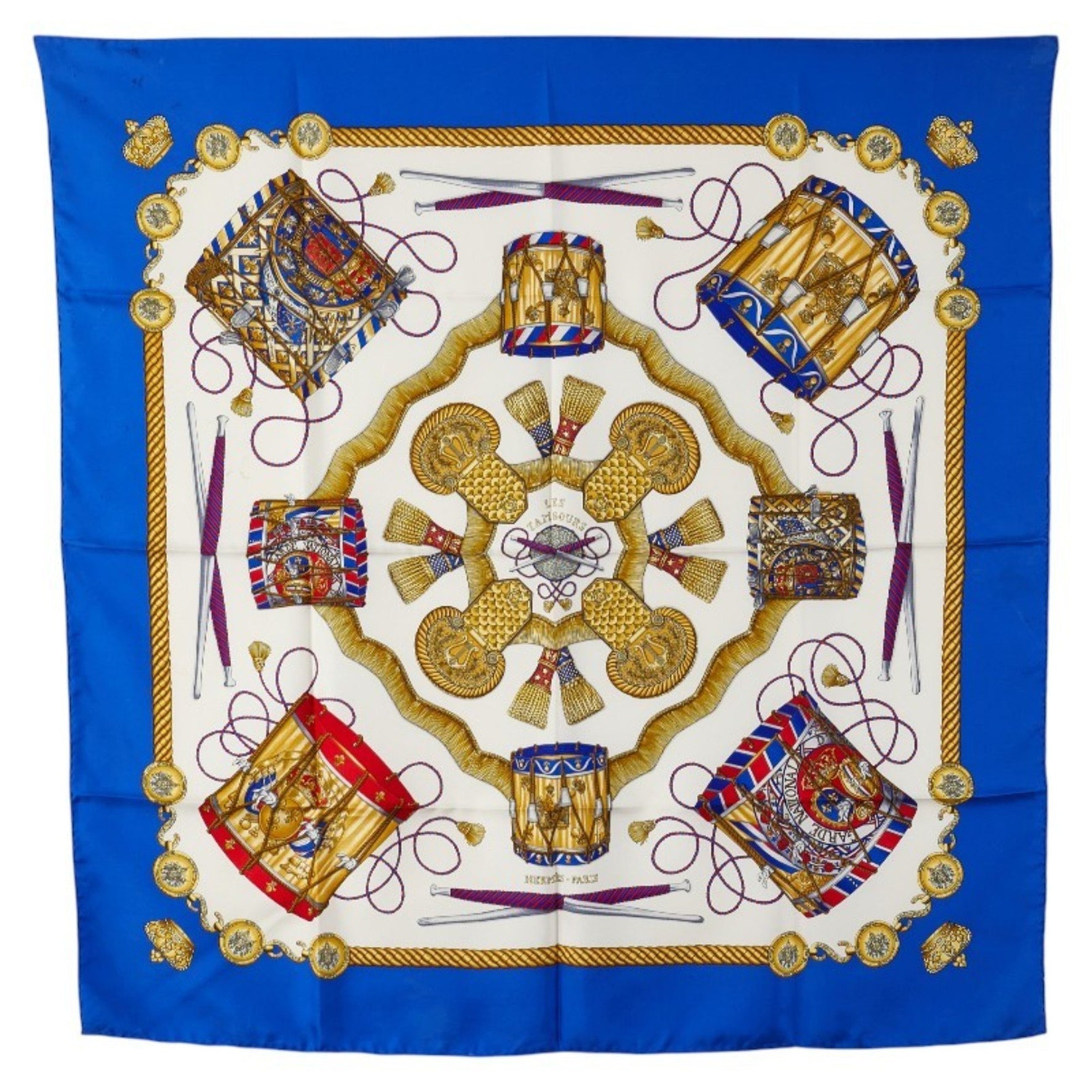 Hermes Hermès Carré 90 "Les Tambours" Tambour Drums Scarf, Blue Multicolor Silk