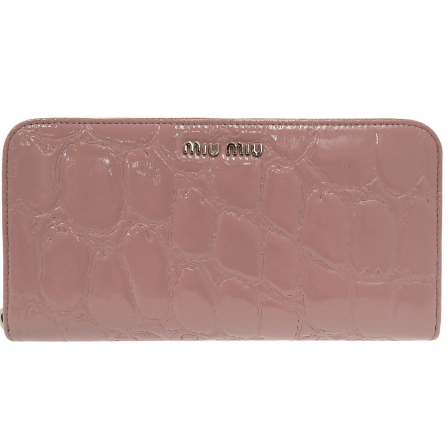 Miu Miu Miu Crocodile Embossed Patent Leather Long Wallet with Round Zipper Muguet 1136 MIUMIU