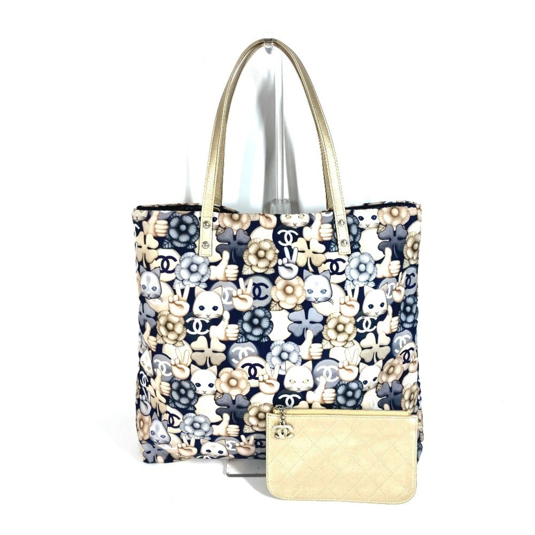 CHANEL Cat Choupette Camellia Tote Bag with Pouch, Shoulder Bag, Leather and Nylon, Blue