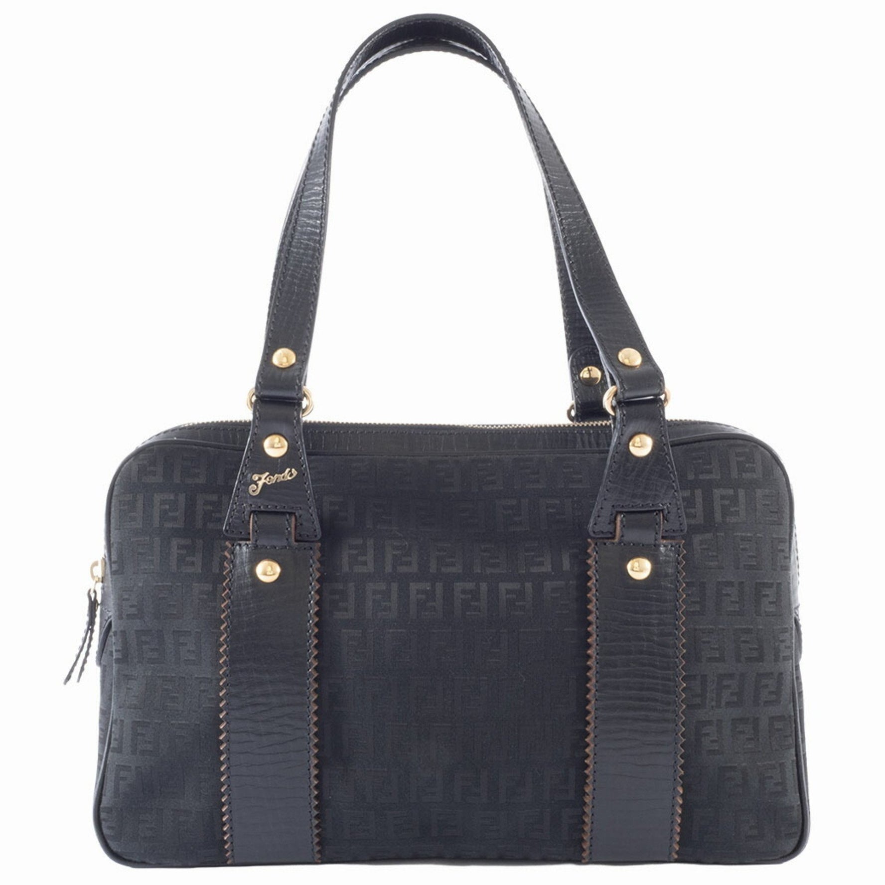 FENDI Zucca Canvas Handbag 8BN161 Leather Black Women's Boston Zucchino