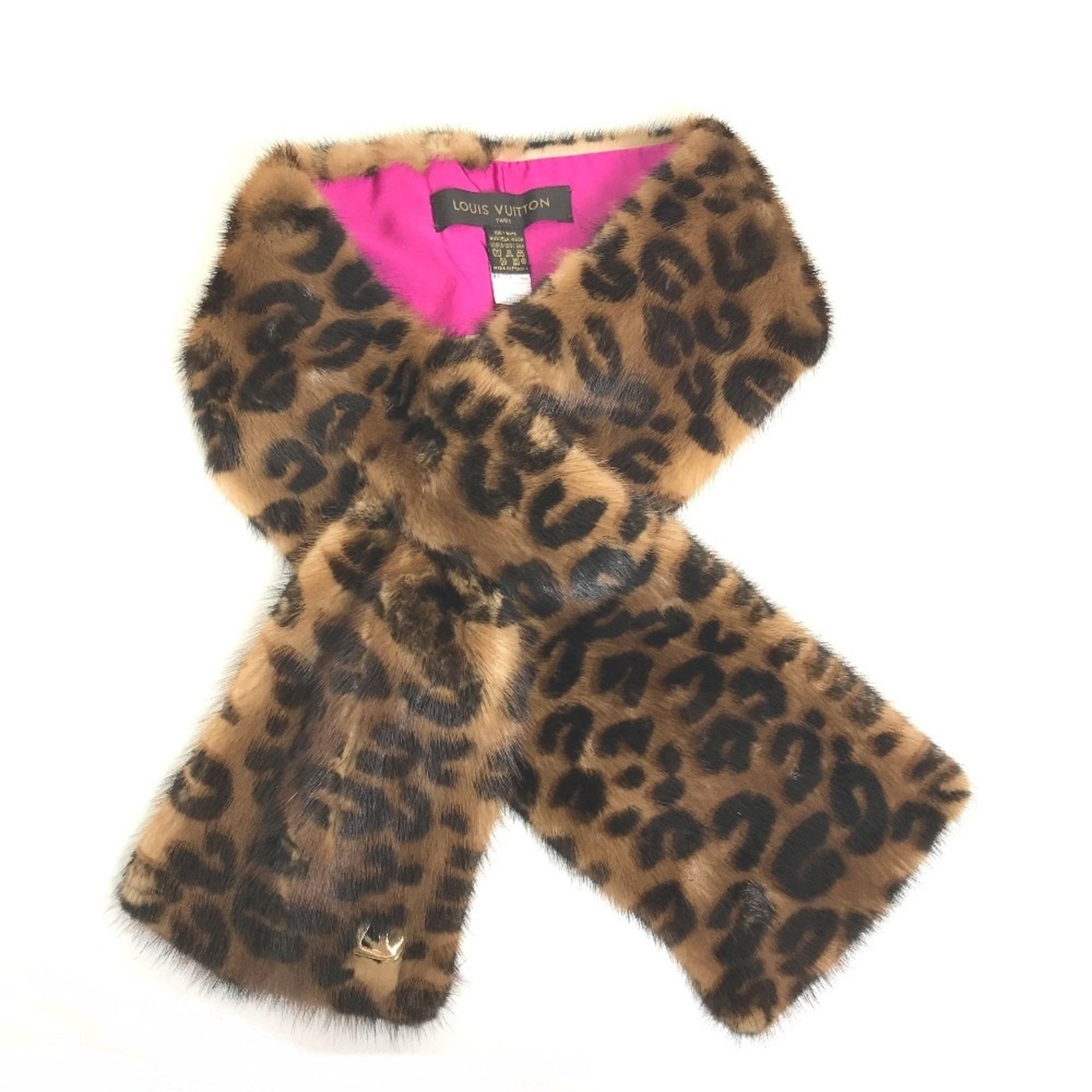 LOUIS VUITTON M72245 Leopard Print Echarpe Vison Fur Tippet Scarf, Fur/Silk, Women's, Brown/Pink