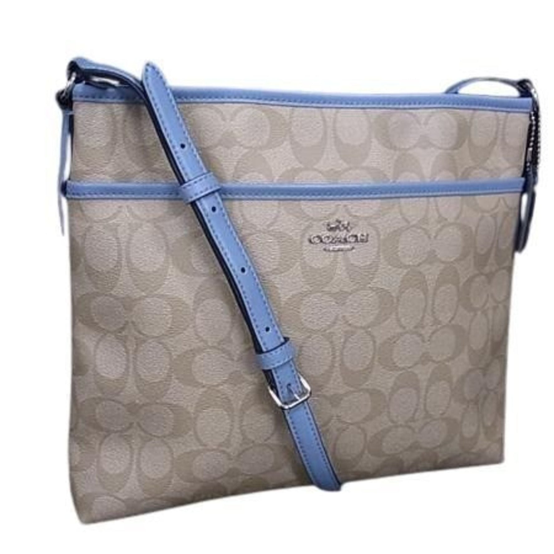 COACH Signature Shoulder Bag Beige and Light Blue Leather Women