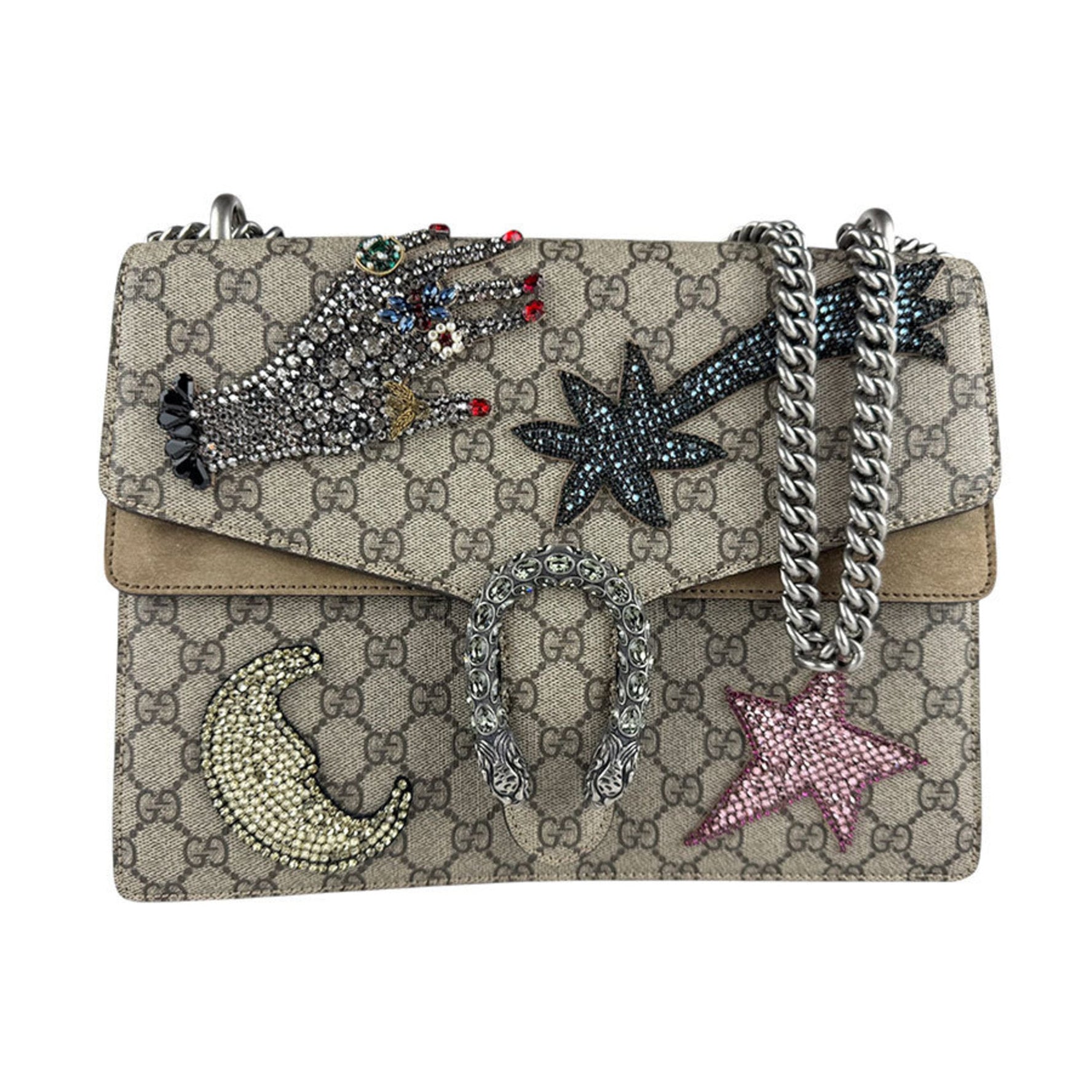 Gucci Dionysus Shoulder Bag in GG Supreme Canvas with Rhinestones, Brown and Multicolor