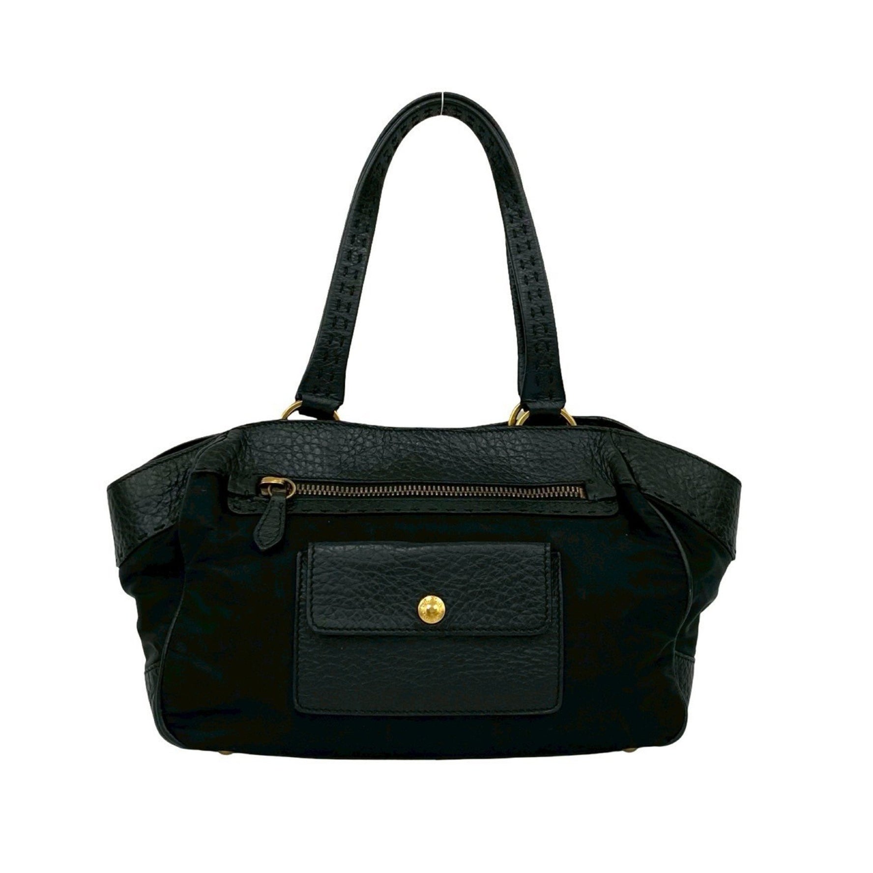 PRADA Triangle Logo Hardware Leather Nylon Tote Bag Handbag Semi-Shoulder