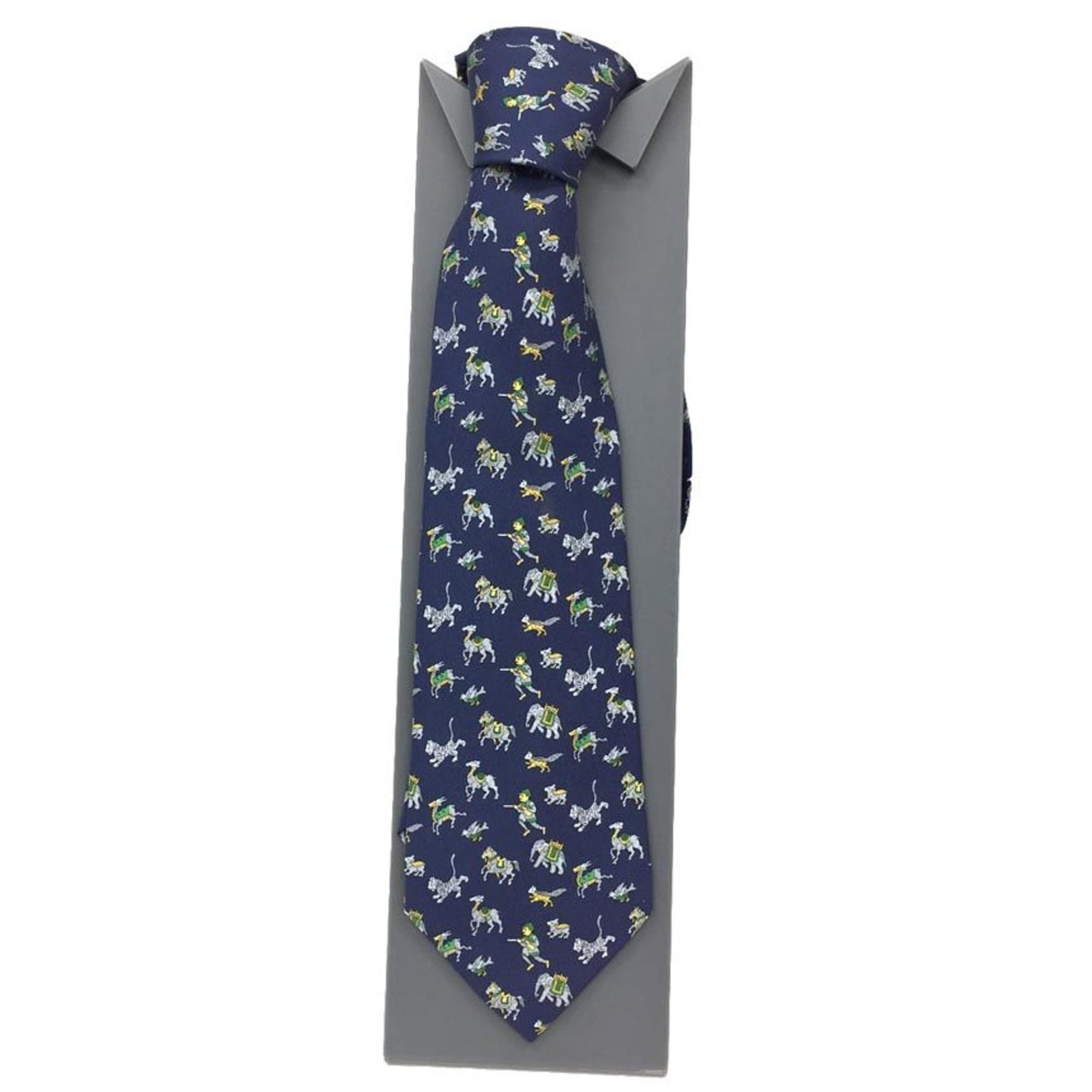 Hermes HERMES Tie Hunting Tiger Elephant 100% Silk Navy Men's