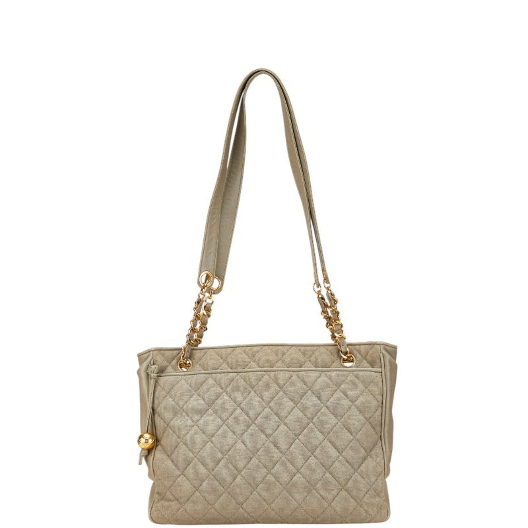 CHANEL Matelasse Coco Mark Chain Tote Bag in Gray and Light Green Canvas Leather