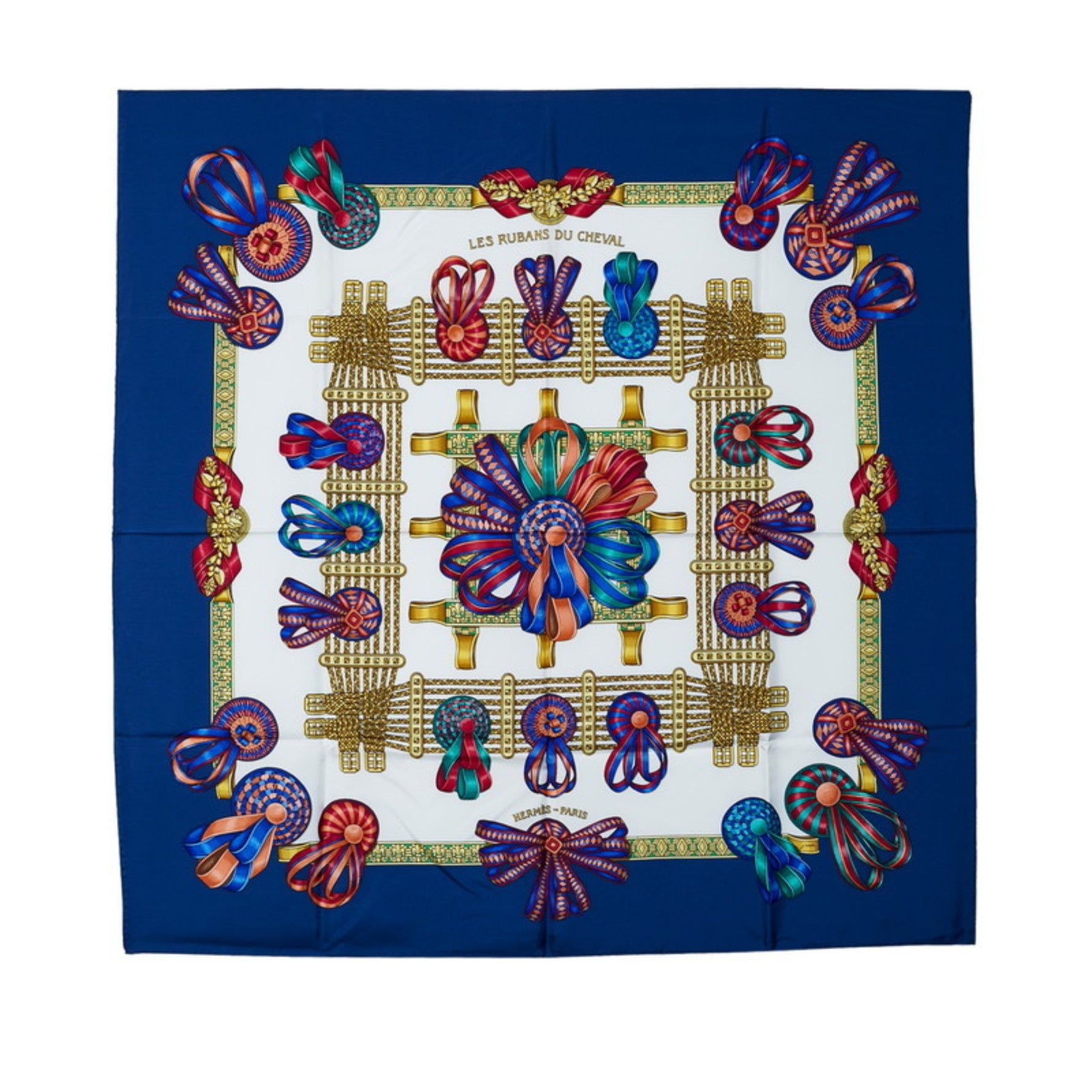 Hermes Carré 90 Horse Ribbon LES RUBANS DU CHEVAL Scarf Muffler Blue Gold Silk Women's HERMES
