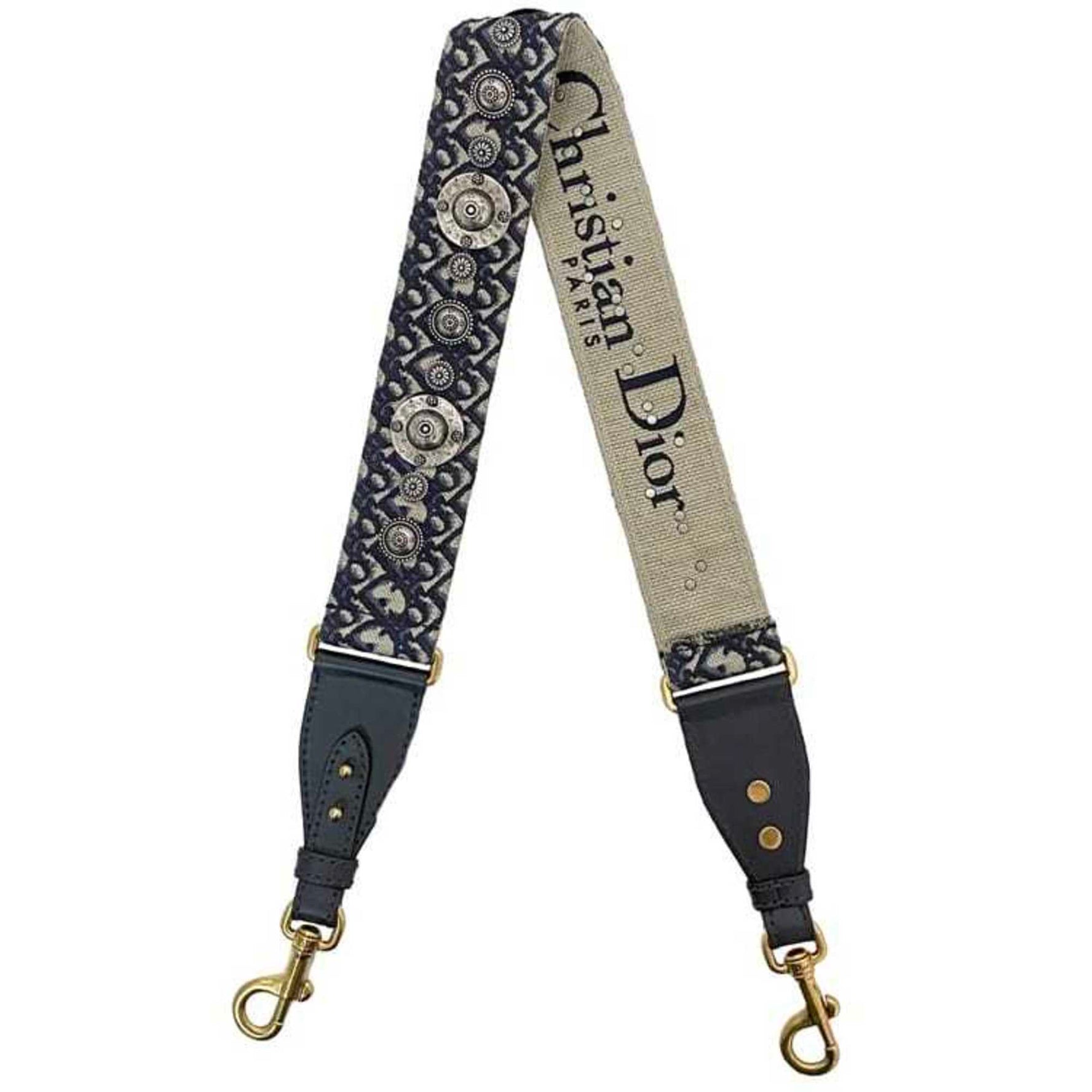 Christian Dior Shoulder Strap Navy Beige Trotter Canvas Leather Studs Coin