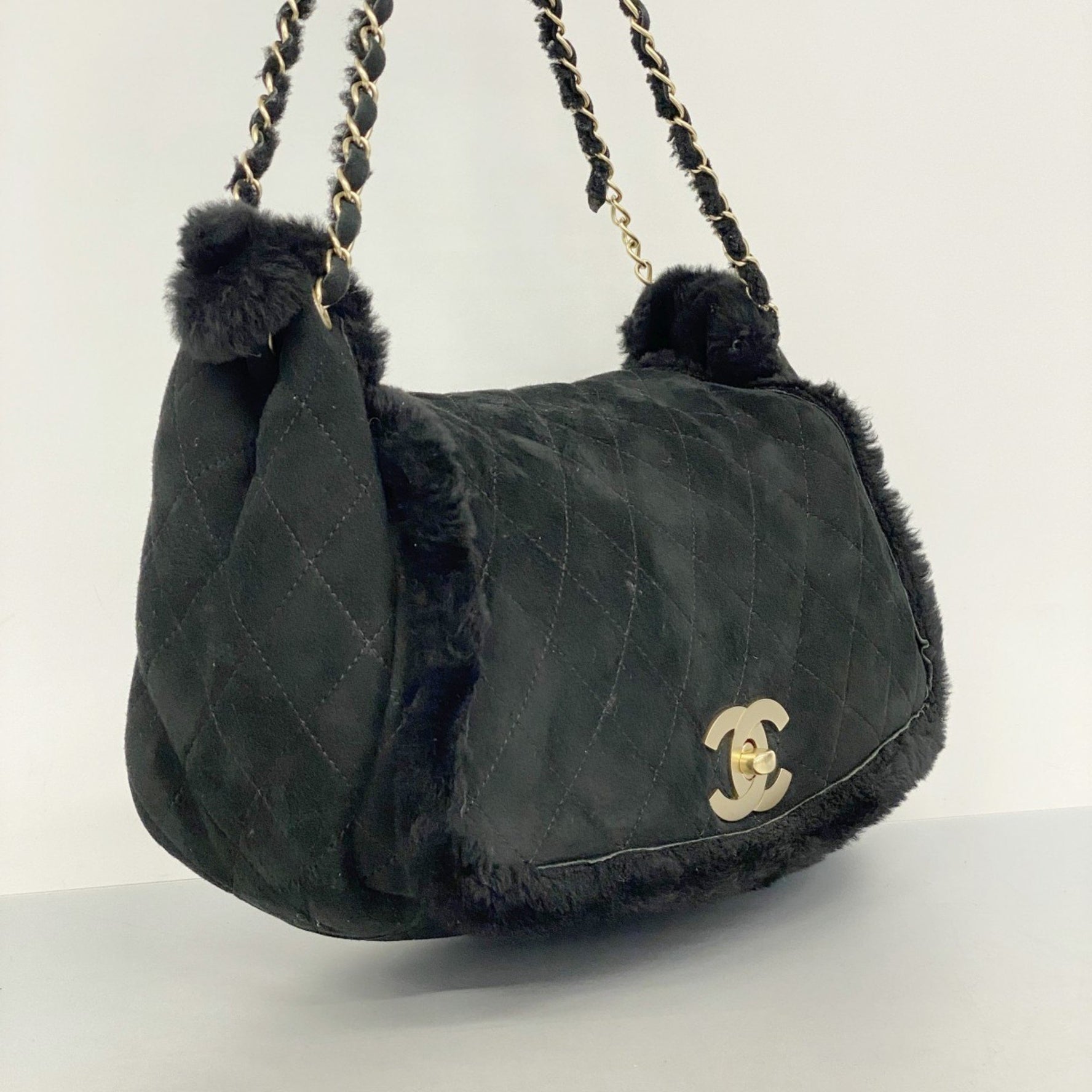 Chanel Matelasse Shoulder Bag, Chain Mouton, Black, Champagne, Women's