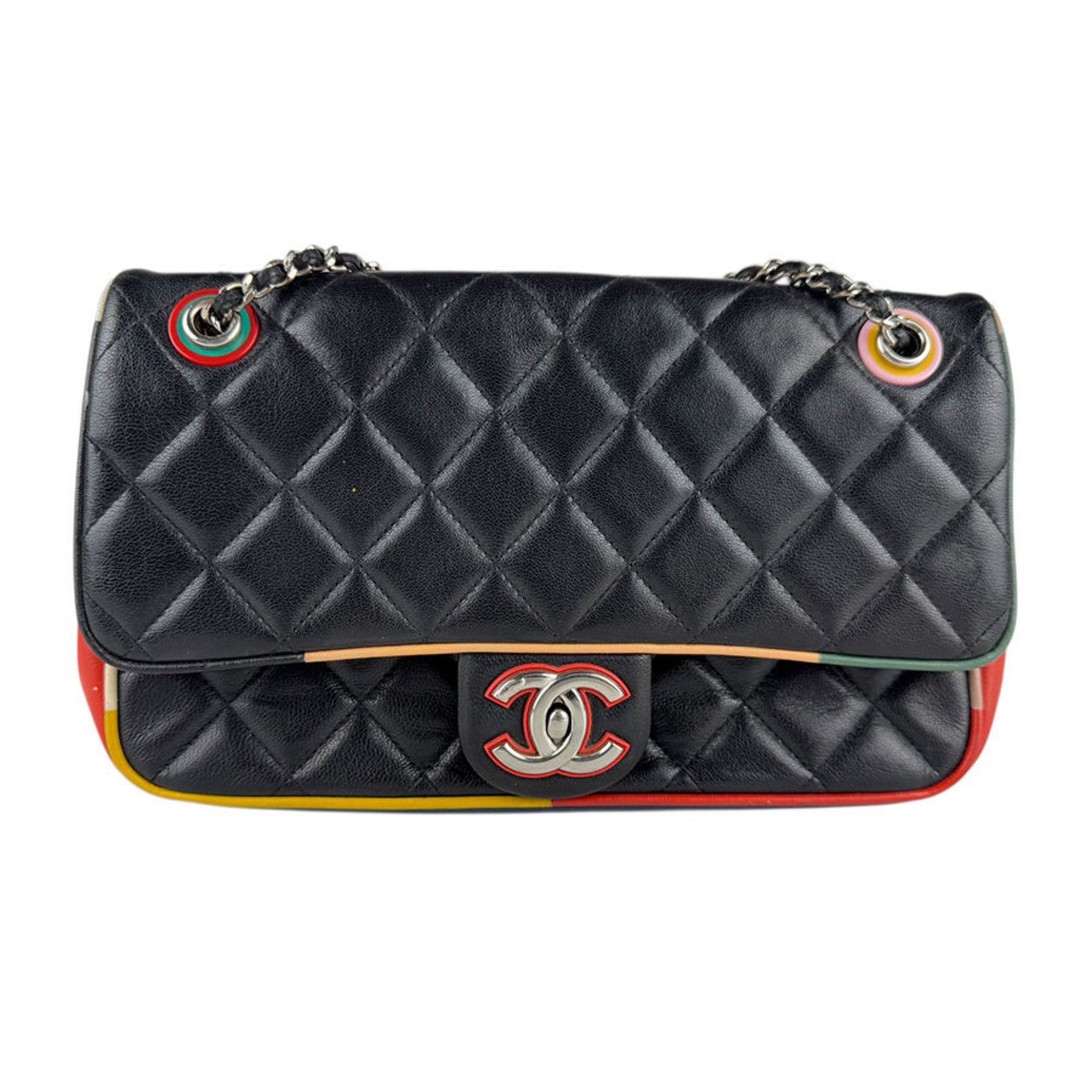 CHANEL Matelasse Shoulder Bag in Black and Multicolored Leather with Silver accents