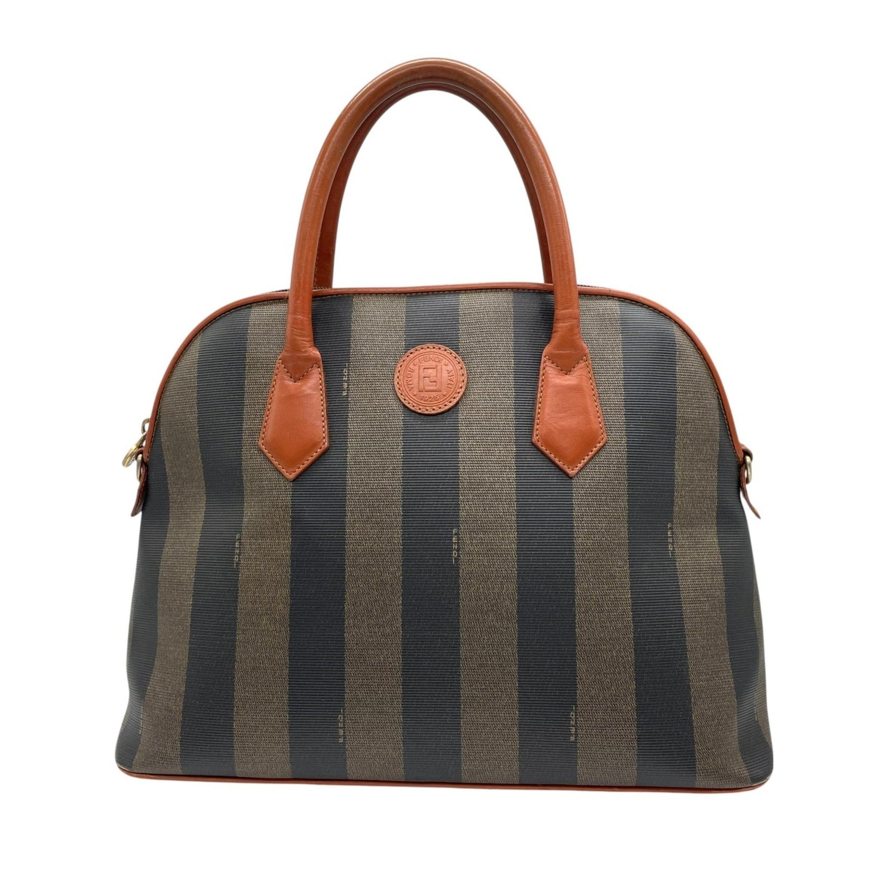 Vintage Fendi Boston bag in brown and khaki leather with a pecan pattern stripes.