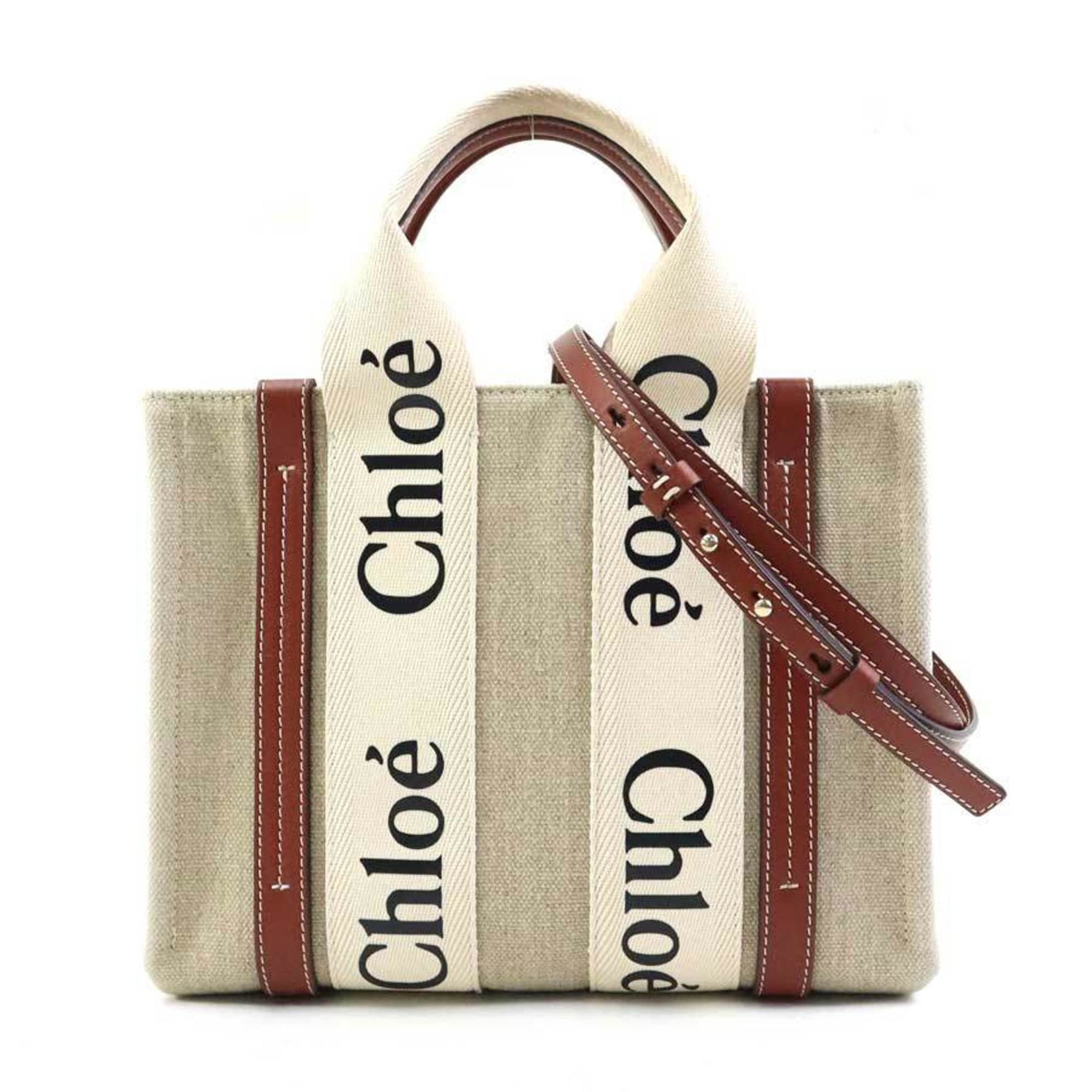 Chloé Chloe Handbag Shoulder Bag WOODY Small Canvas Leather Beige x Brown