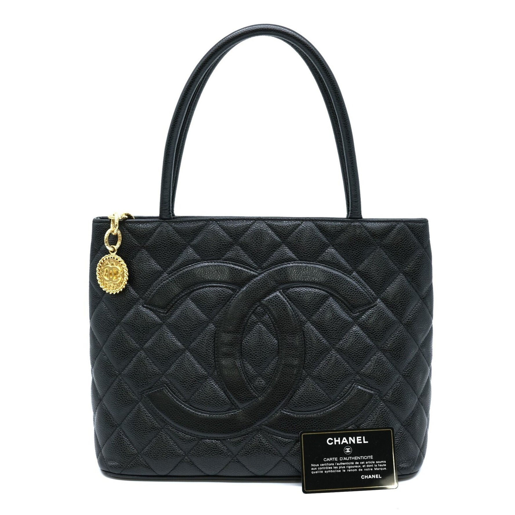 CHANEL Caviar Skin Reproduction Tote Bag Handbag Black Chanel Card Included Coco Mark A01804