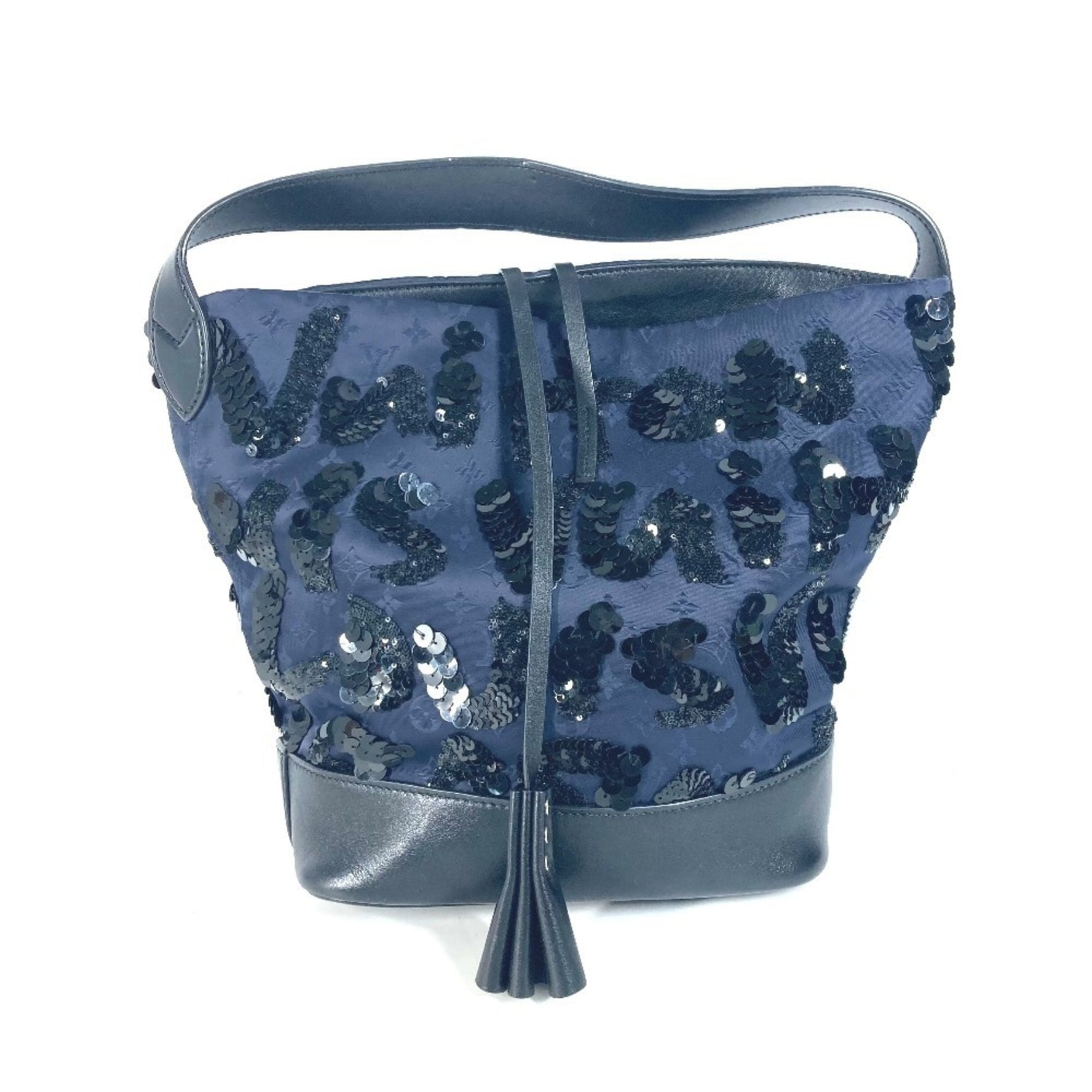 Louis Vuitton Monogram Satin Sequin Spotlight GM Shoulder Bag with Pouch Bucket Handbag Leather Navy