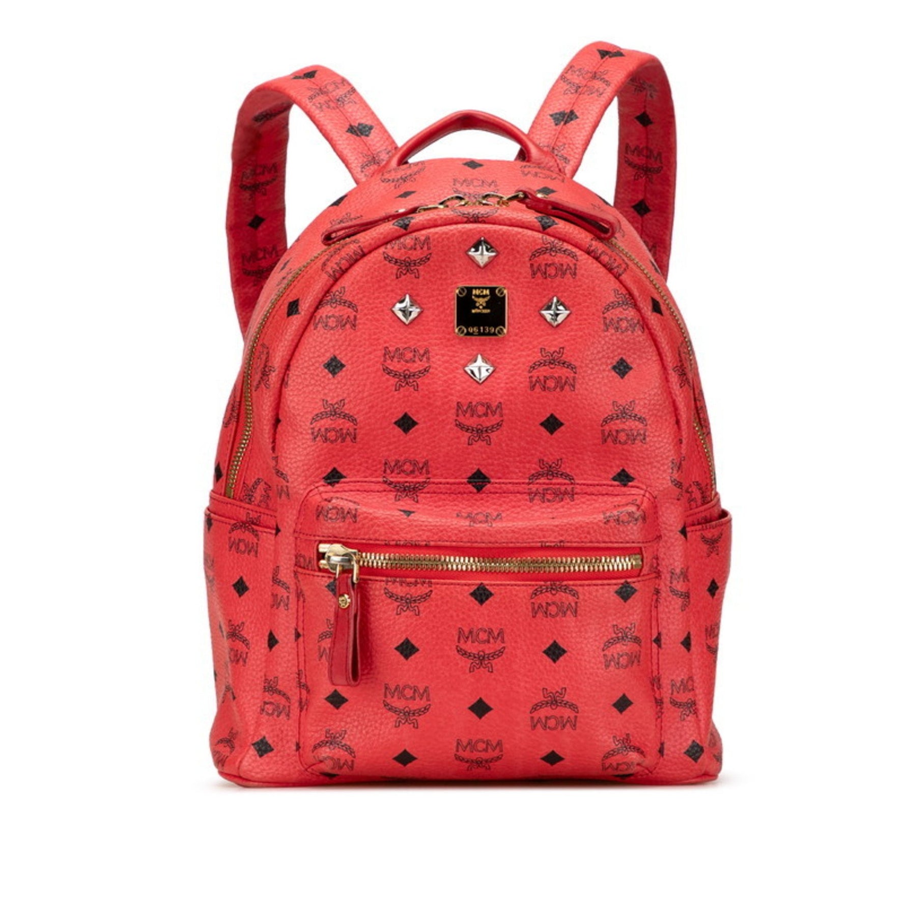 MCM Visetos Logogram Studded Backpack in Pink and Red Leather