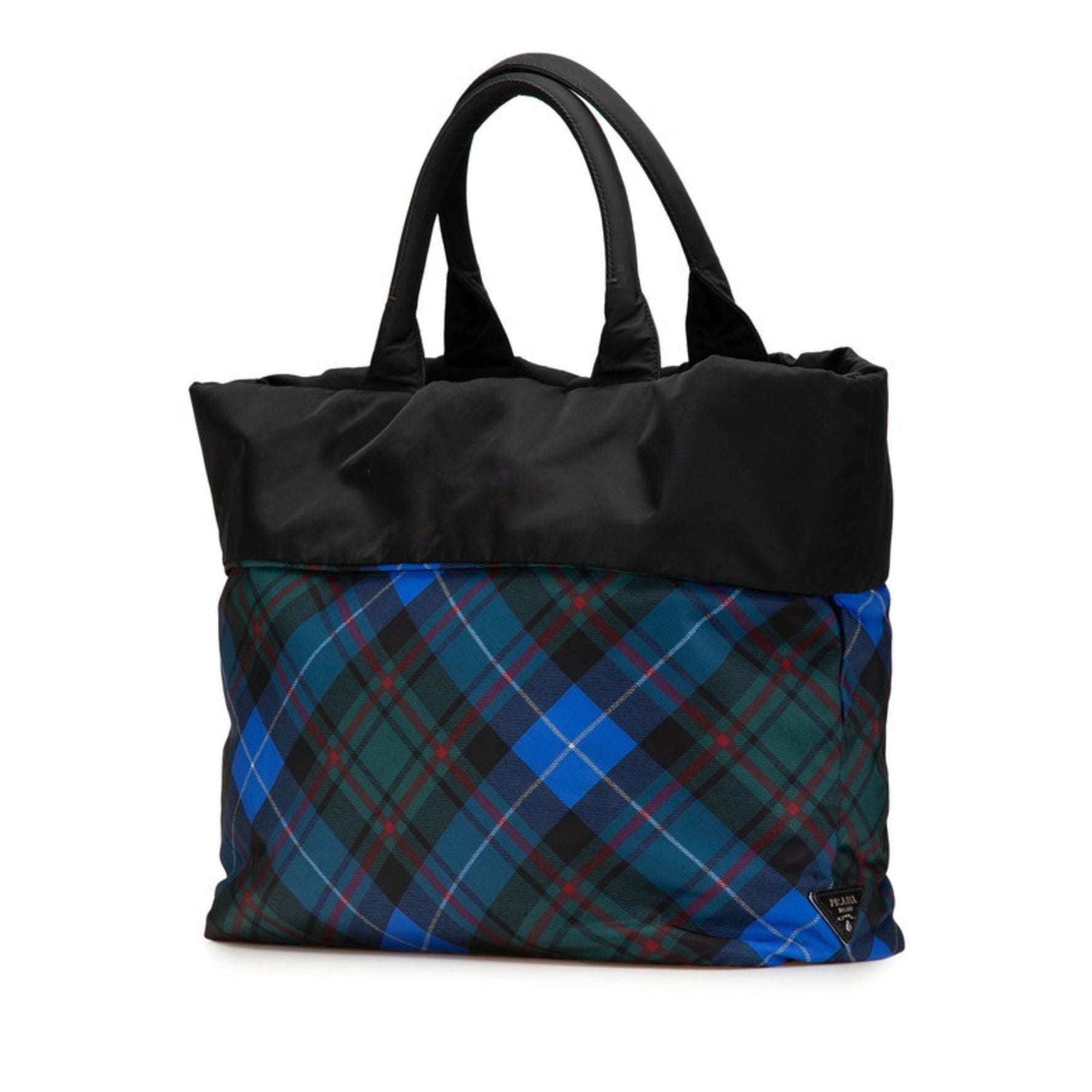 Prada Triangle Logo Plate Reversible Tartan Check Tote Bag/Shoulder Bag Blue Black Multicolor Nylon Leather