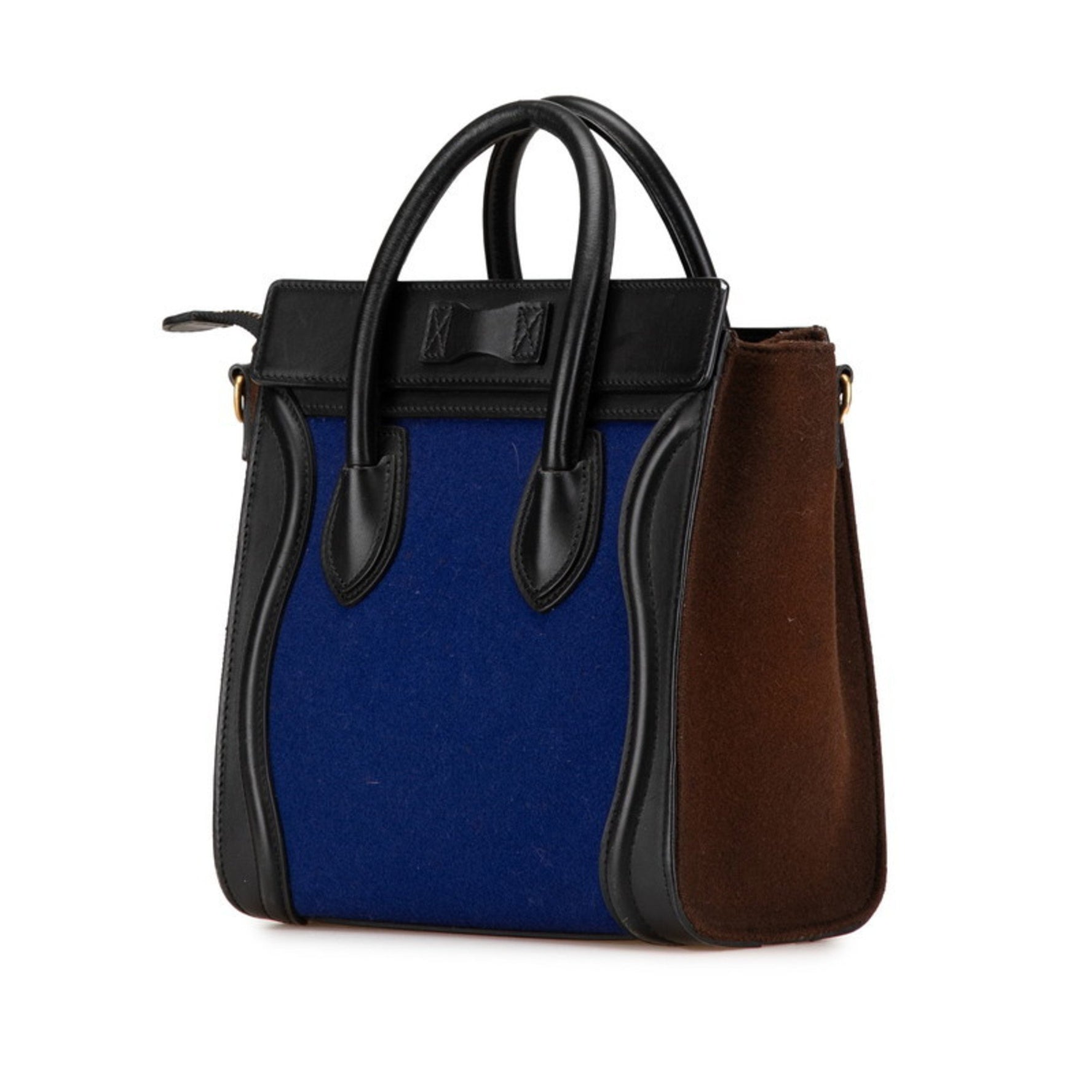 Celine Luggage Nano Shopper Tricolor Handbag Shoulder Bag Blue Brown Black Wool Leather