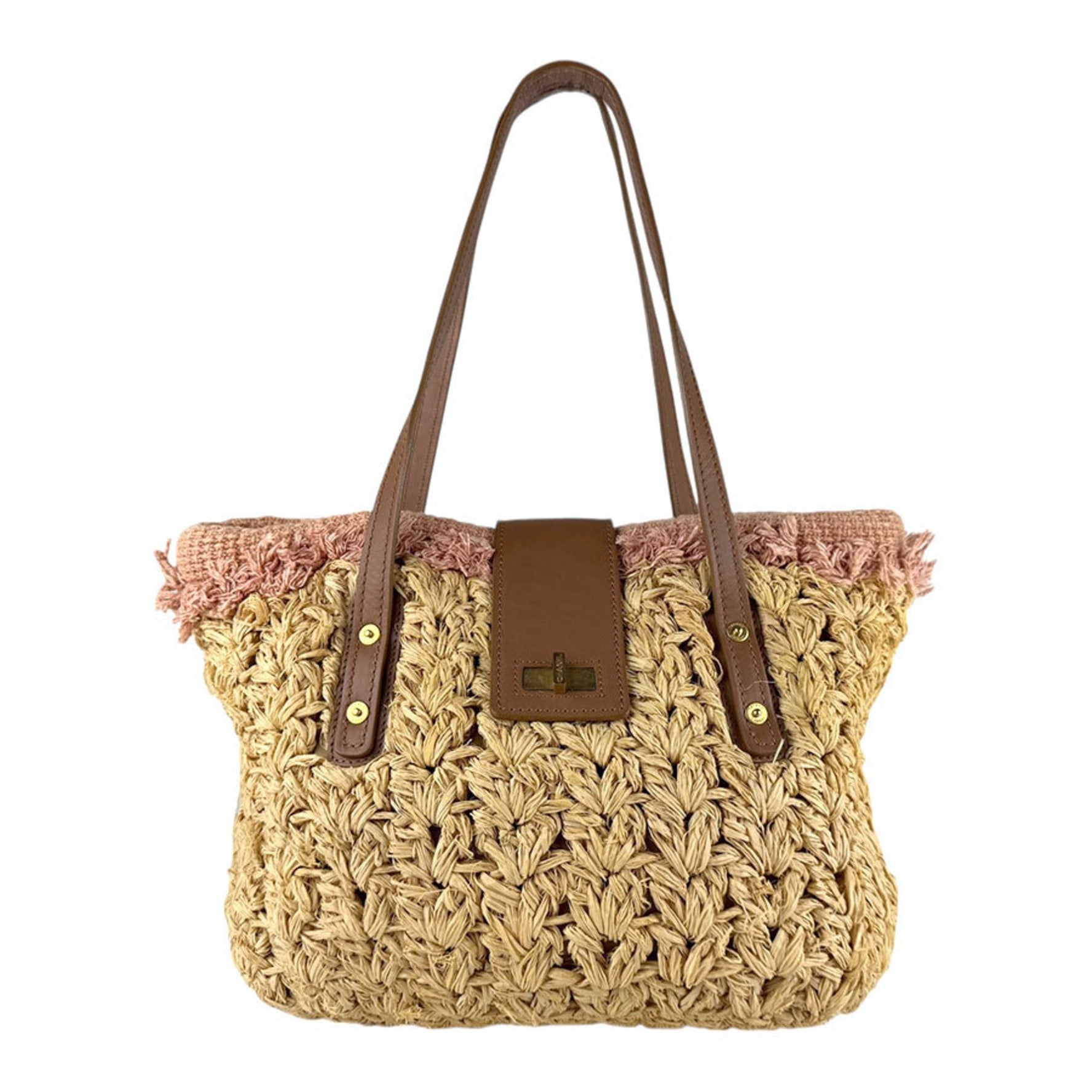 CHANEL Shoulder Bag, Raffia Leather, Beige x Brown