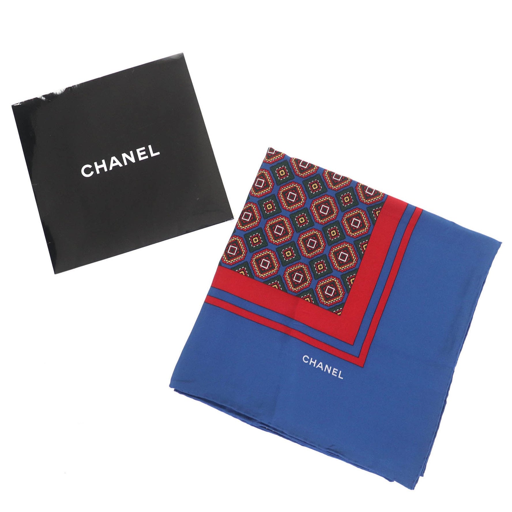 Vintage CHANEL 100% Silk Scarf with Logo and All-Over Print, Size 140, Blue Red, Made in Italy