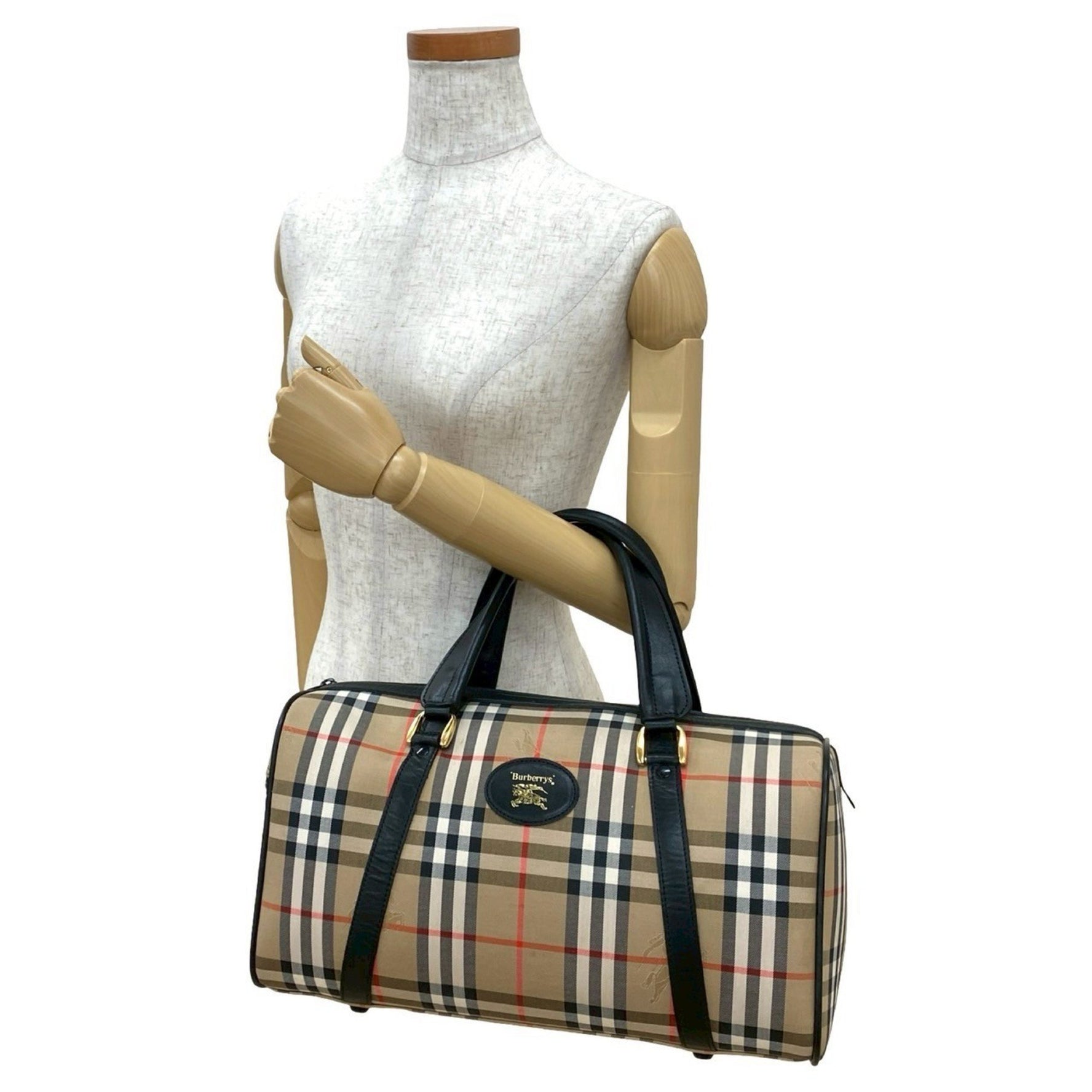 Burberry Nova Check Shadow Horse Logo Canvas and Leather Boston Bag in Beige Black