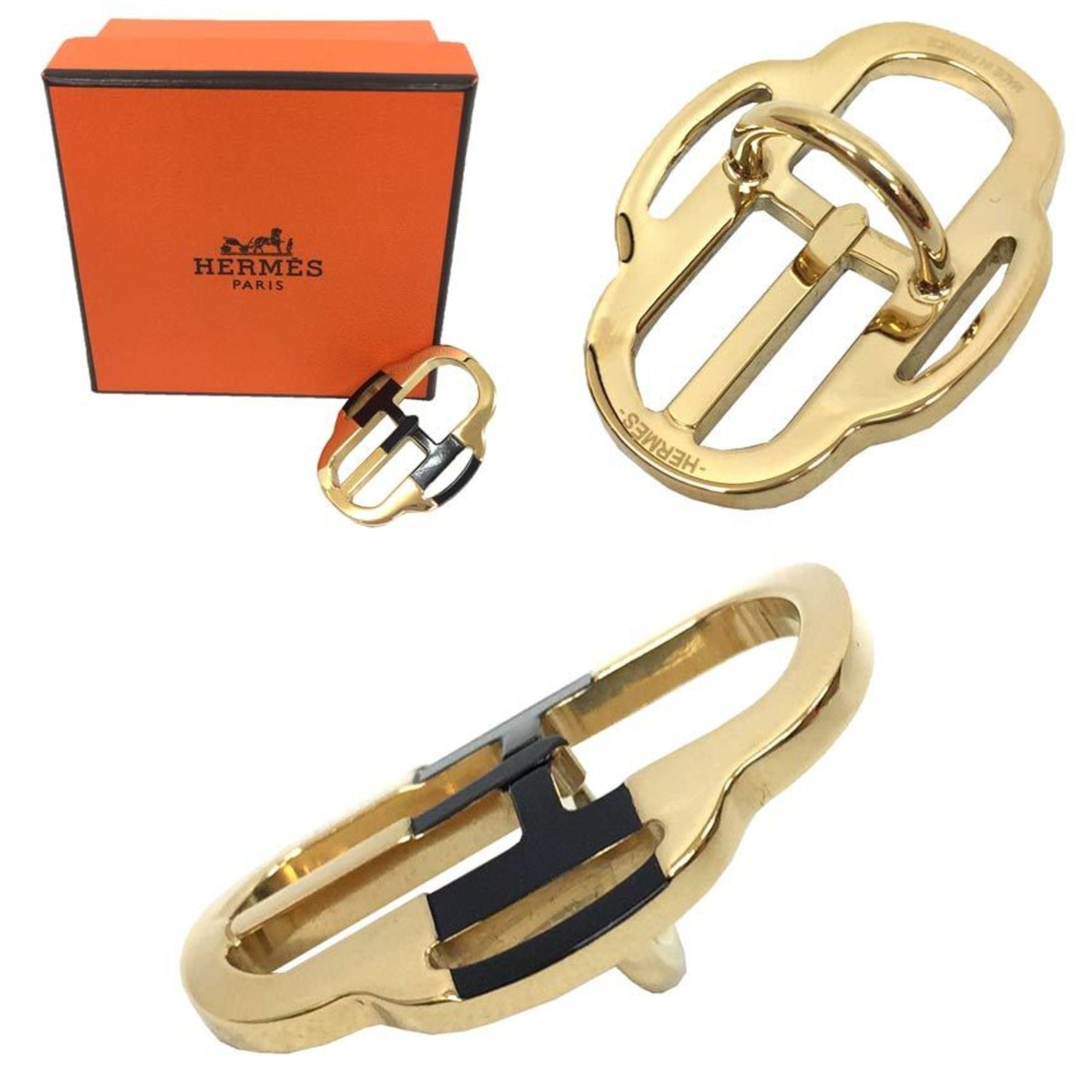 Hermes scarf ring mini buckle boucle twilly gold x black