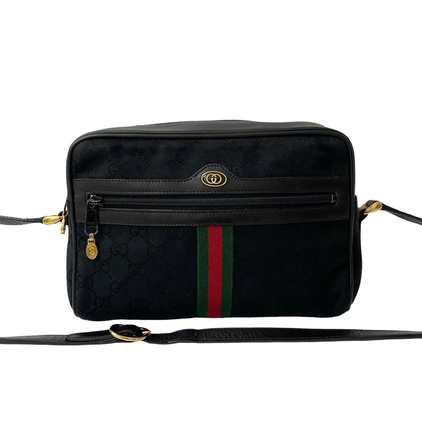 GUCCI Old Gucci Sherry Line GG Logo Metal Canvas and Leather Shoulder Bag Black 15-10
