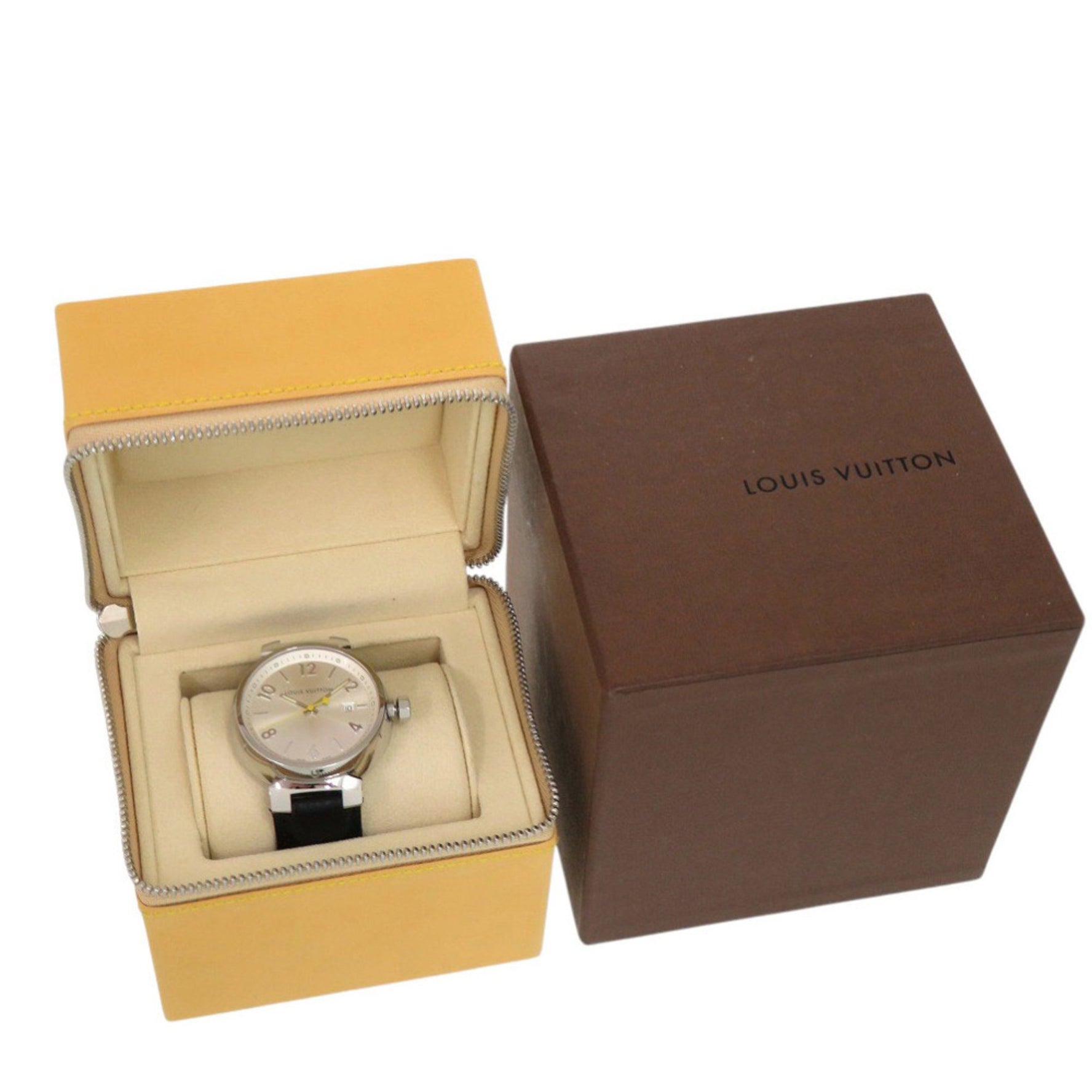 Louis Vuitton Tambour Stainless Steel Leather Silver Quartz Watch 1507 LOUIS VUITTON