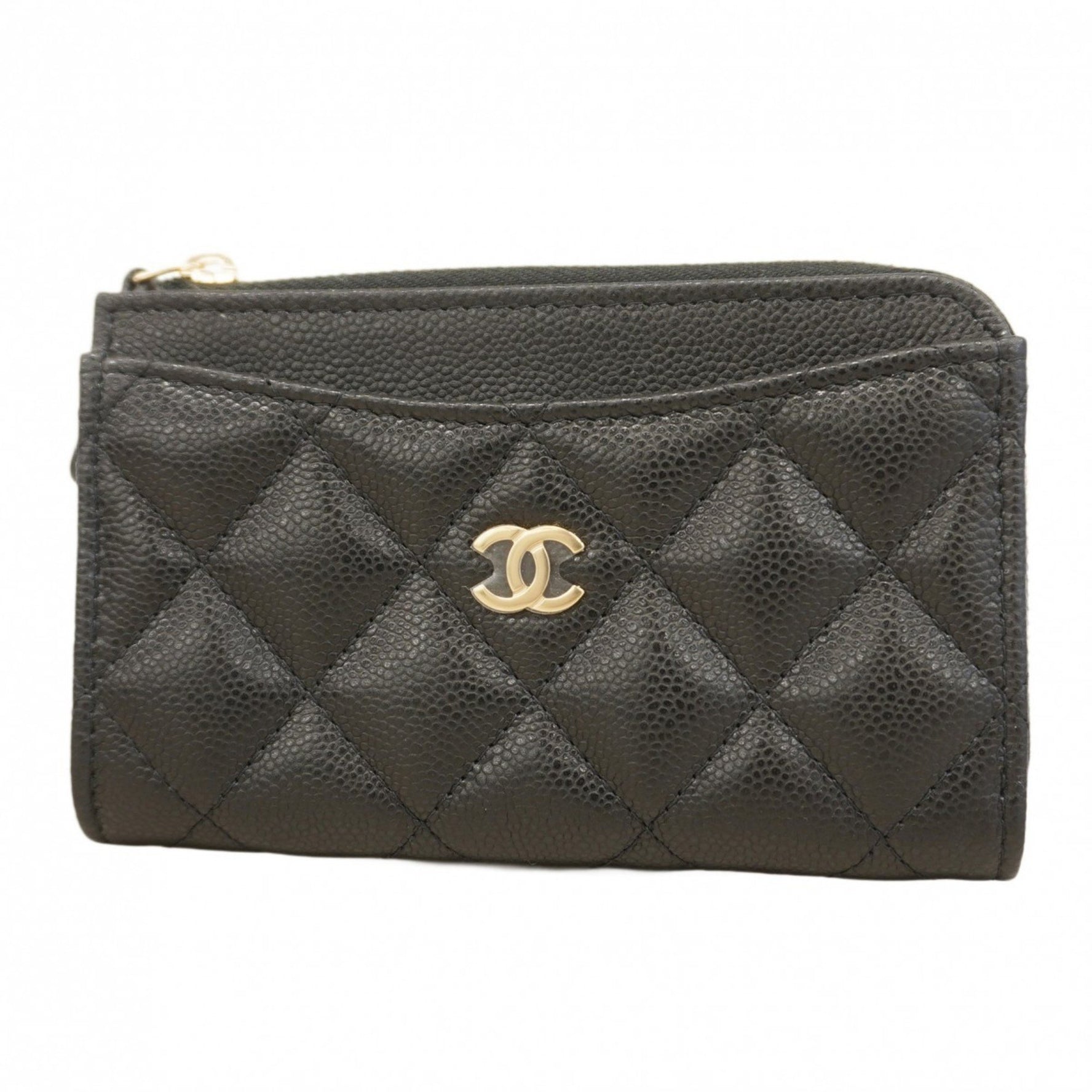 Chanel Wallet/Coin Case Matelasse Caviar Leather Black Champagne Women's