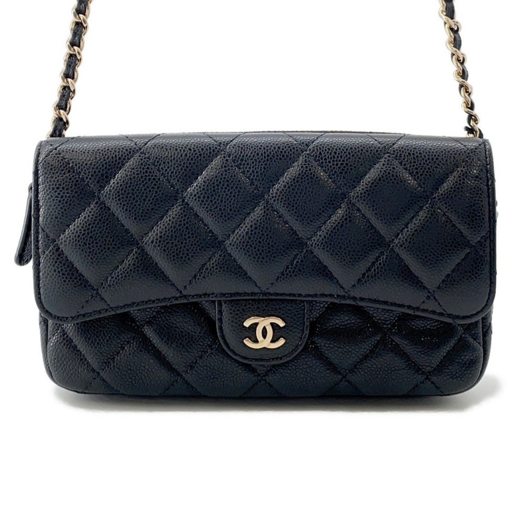 Chanel Chain Shoulder Bag with Flap Phone Case, Matelasse Coco Mark, Caviar Skin