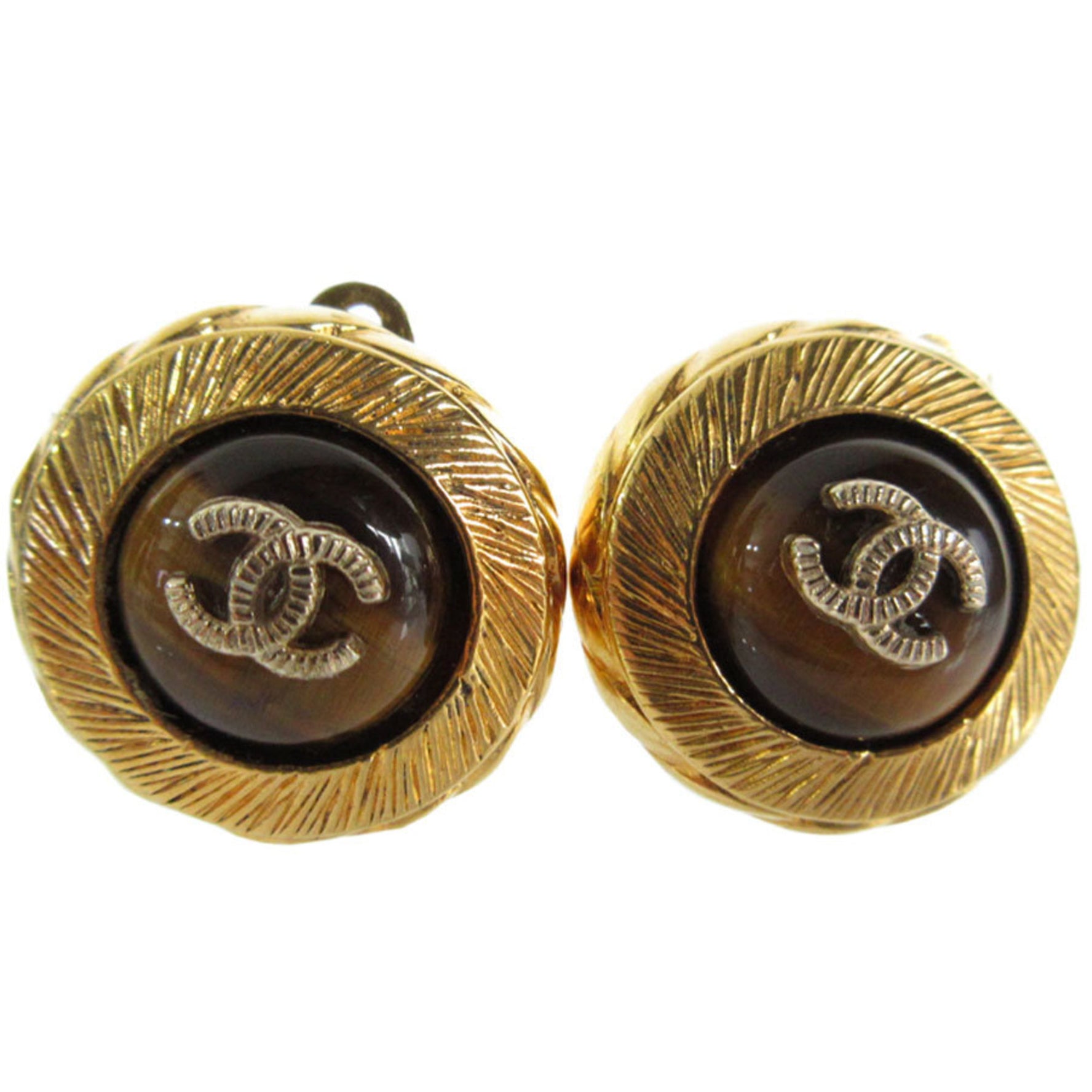CHANEL Earrings Coco Mark Metal Stone Gold Brown Women's