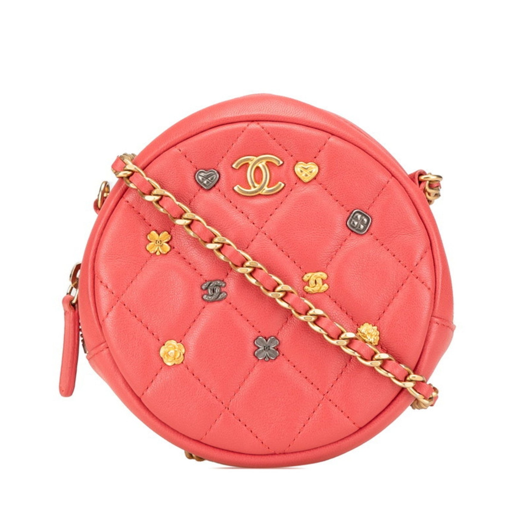 CHANEL Matelasse Coco Mark Heart Camellia Round Crossbody Chain Shoulder Bag Red Lambskin