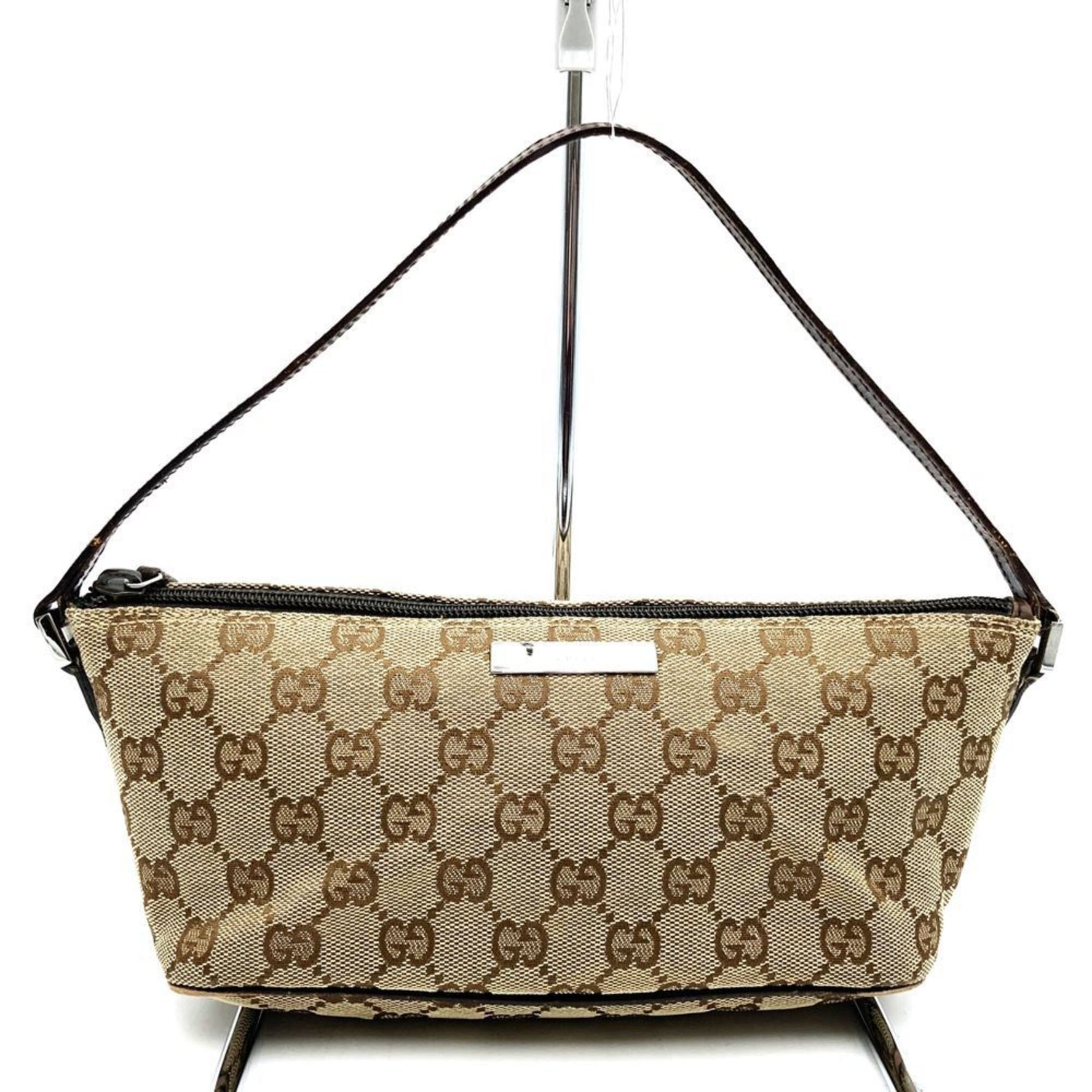 GUCCI 07198 Handbag Pouch GG Canvas Leather Brown Beige Women's