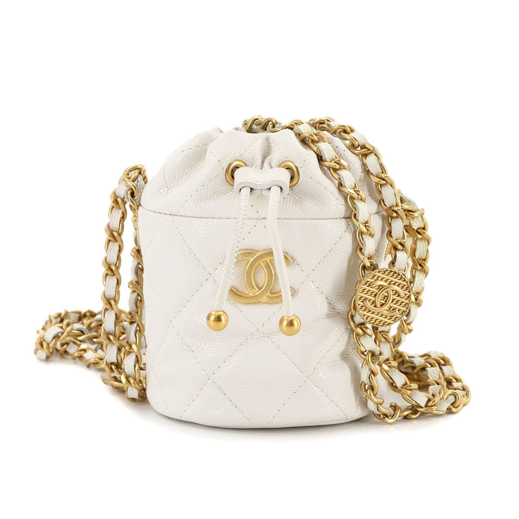 CHANEL Matelasse Chain Shoulder Bag in White Caviar Leather with Gold Hardware