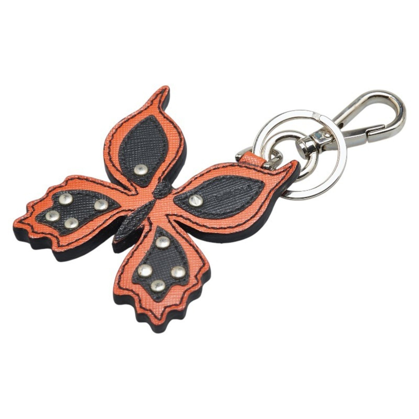Prada Butterfly Motif Keychain Key Ring in Orange, Black, Silver, Leather and Metal for Women