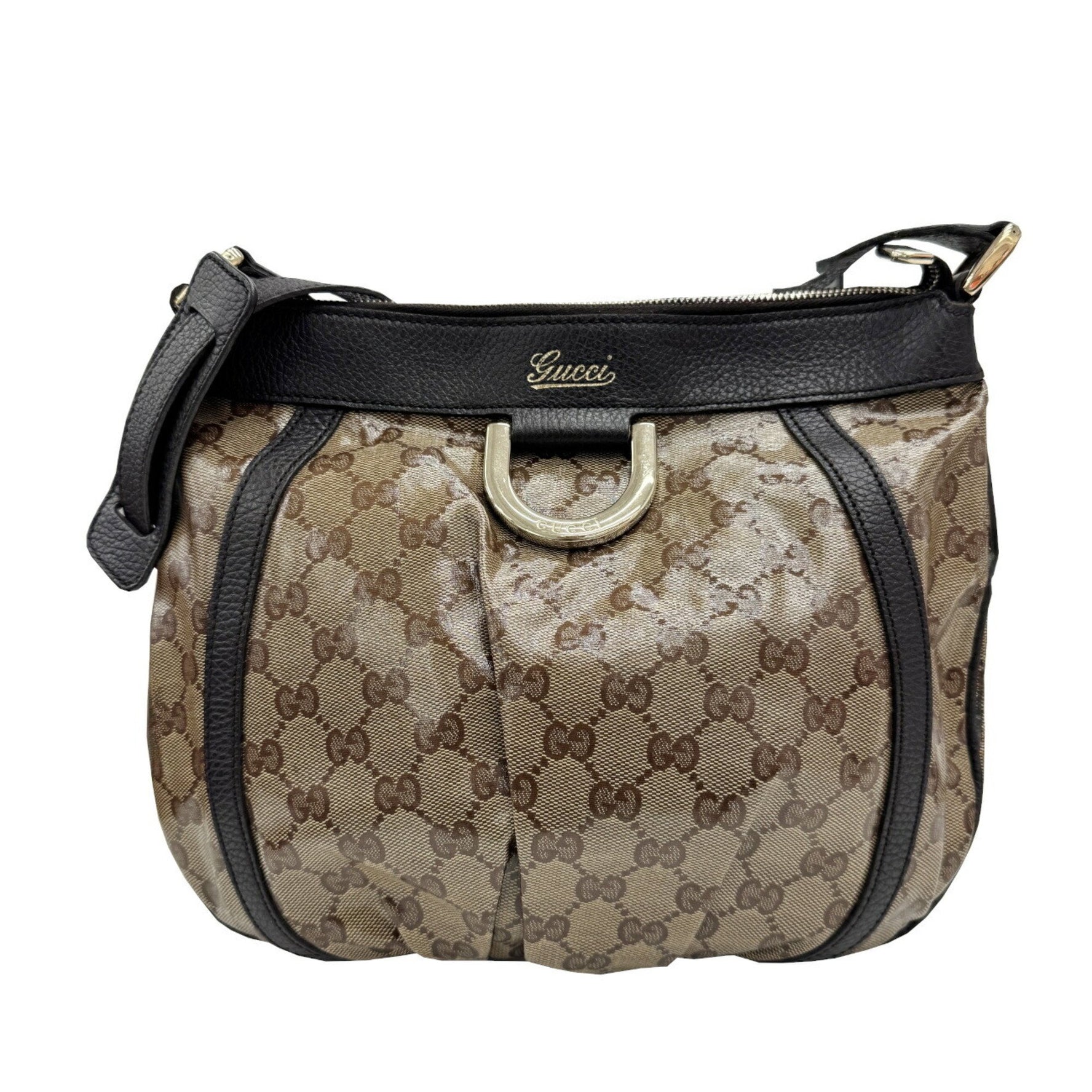 GUCCI Abbey GG Crystal Shoulder Bag in Coated Canvas and Leather, Brown, Women's