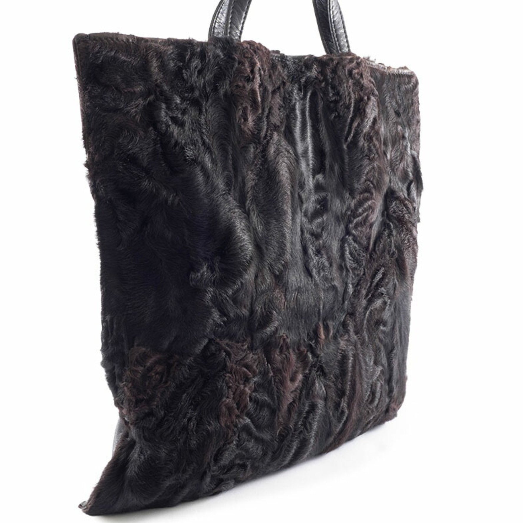 LOEWE fur handbag, leather, black and brown, lamb tote bag.