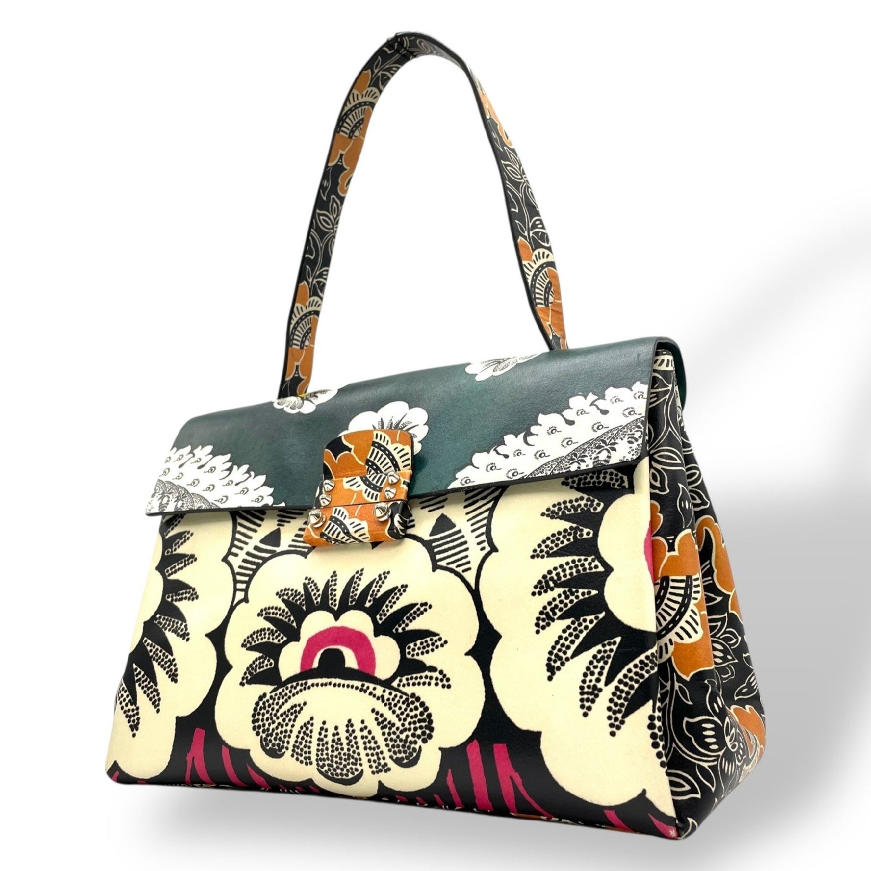 VALENTINO GARAVANI Floral Print Maim Handbag with Single Handle, Green and Multicolor Leather, Silver Hardware, Size D