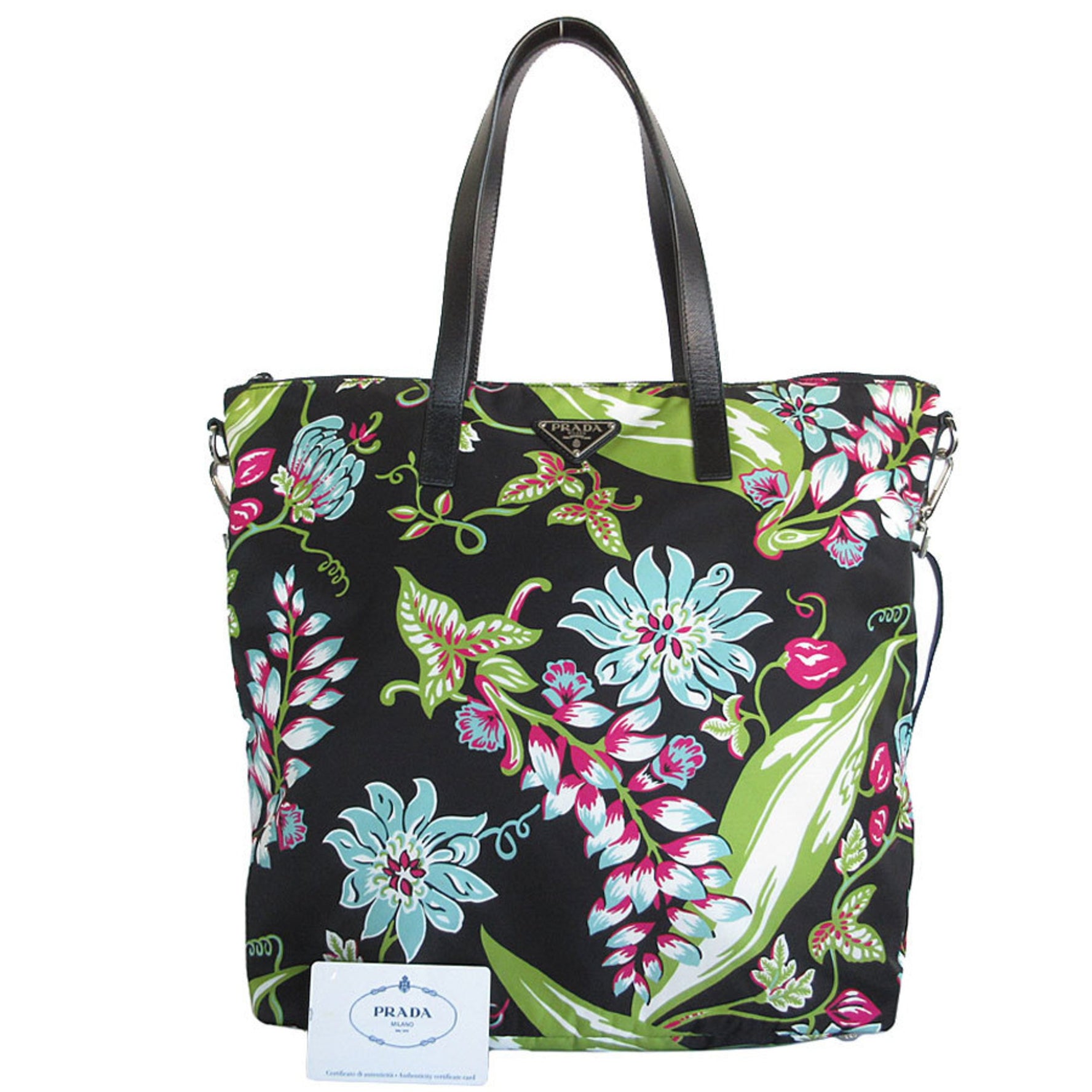 Prada Tote Bag Shoulder Nylon Leather Black Multicolor Silver