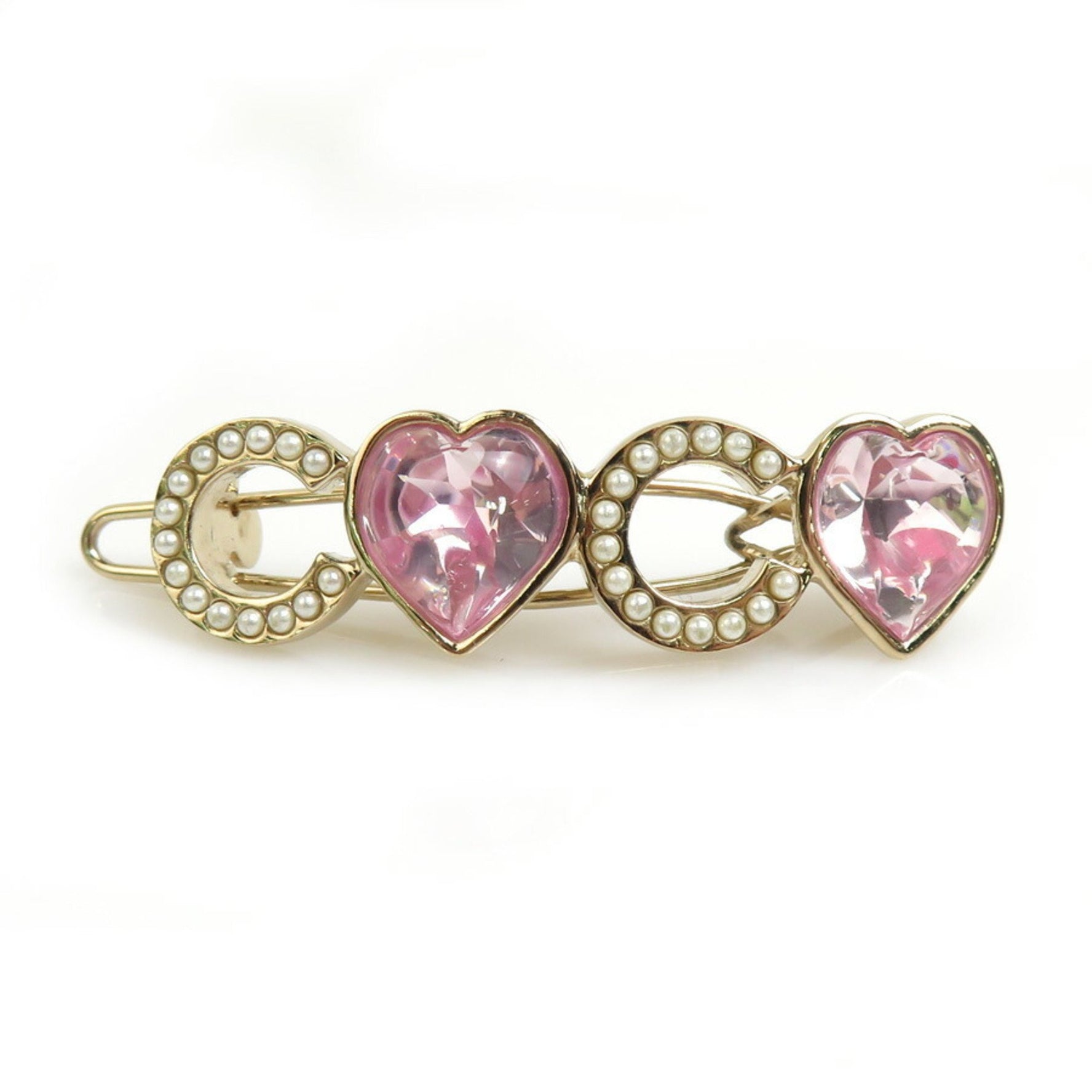 CHANEL Hair Clip Metal Rhinestone Faux Pearl Gold Pink Off-White Women's e59689i