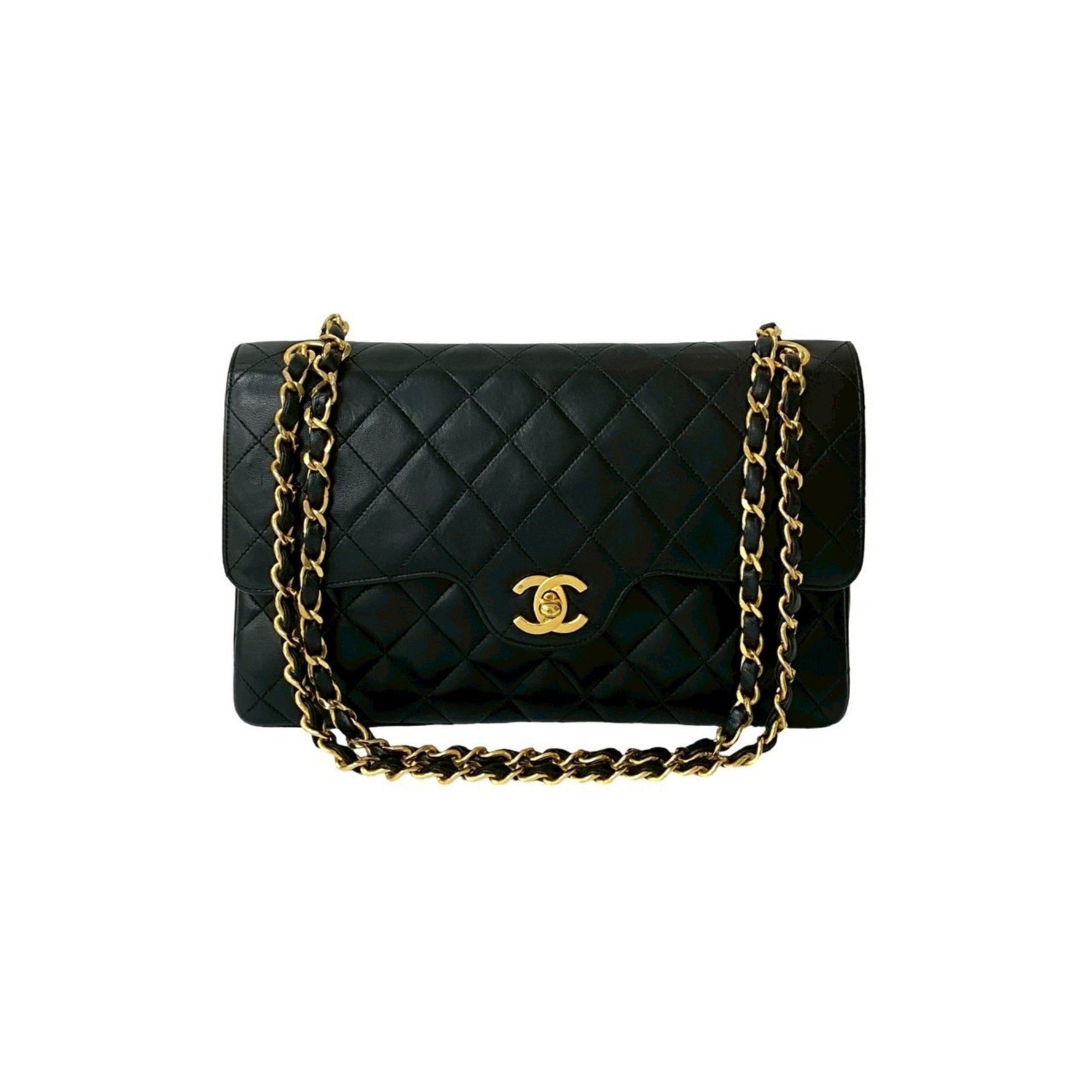 CHANEL Coco Double Flap Lambskin Chain Shoulder Bag, Black,