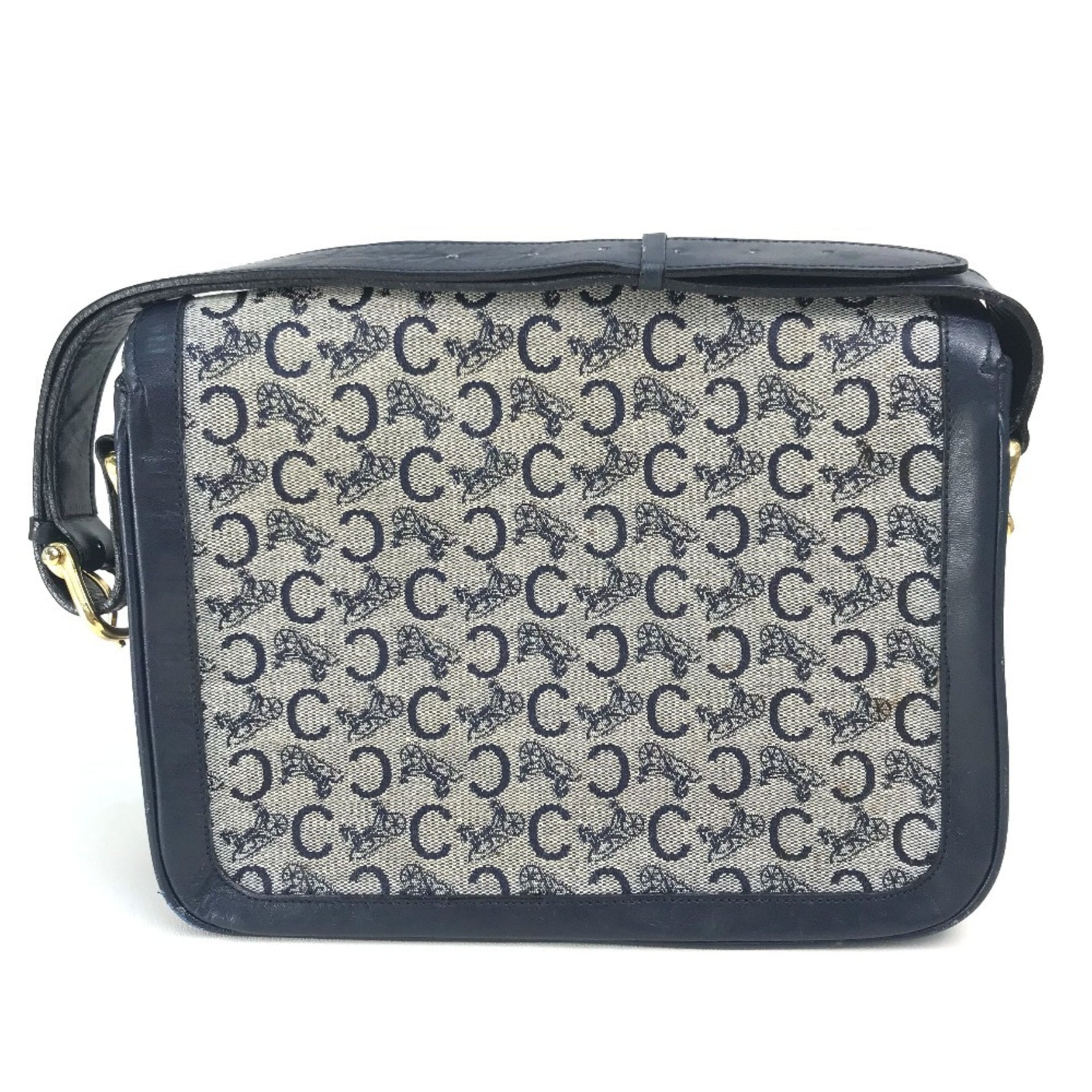 CELINE Old C Carriage Monogram Vintage Shoulder Bag in Canvas/Leather, Gray and Navy