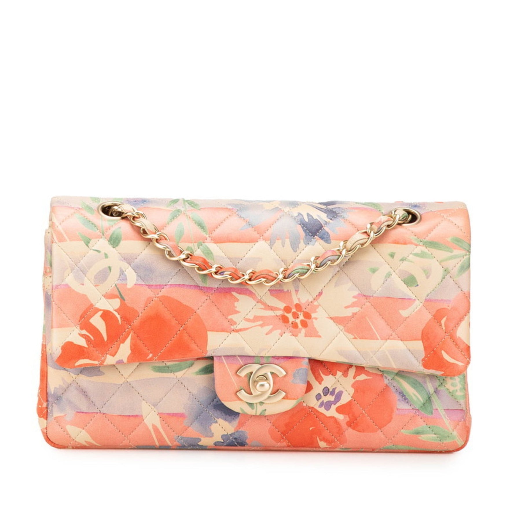 CHANEL Matelasse 25 Double Flap Coco Mark Flower Chain Shoulder Bag in Pink Multicolored Lambskin for Women